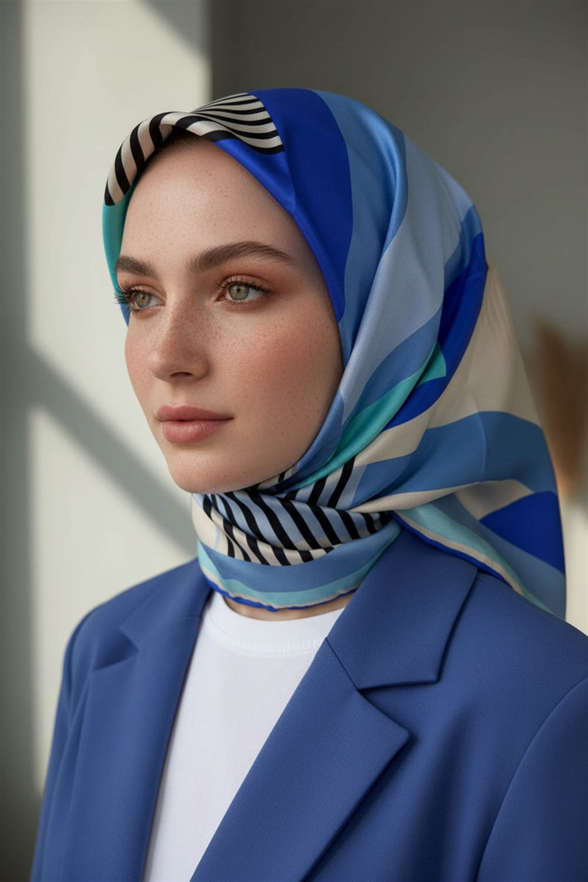 100% Twill İpek Geometrik Desenli Bebe Mavisi - Saks Renkli 90x90 Dikim Şekli : El Dikişi Eşarp