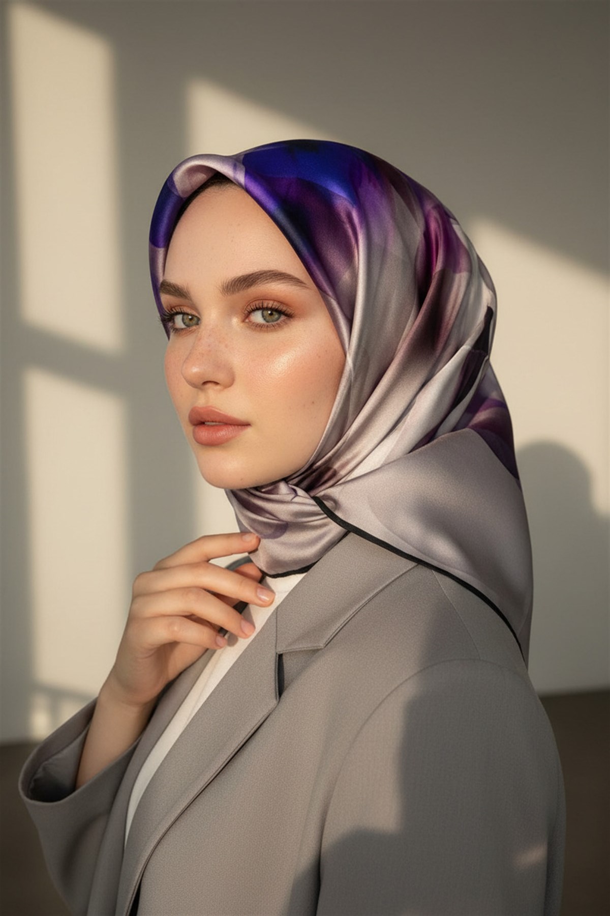 %100 Twill İpek Büyük Çiçek Desenli Gri - Saks Renkli 90x90 Eşarp Dikim Şekli : El Dikişi