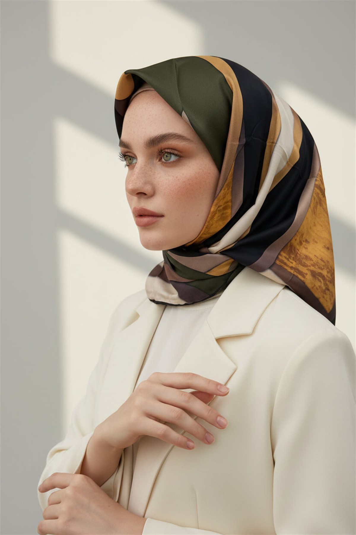 %100 Twill İpek Dokulu Ve Geometrik Desenli Gold - Haki Renkli 90x90 Eşarp Dikim Şekli : El Dikişi