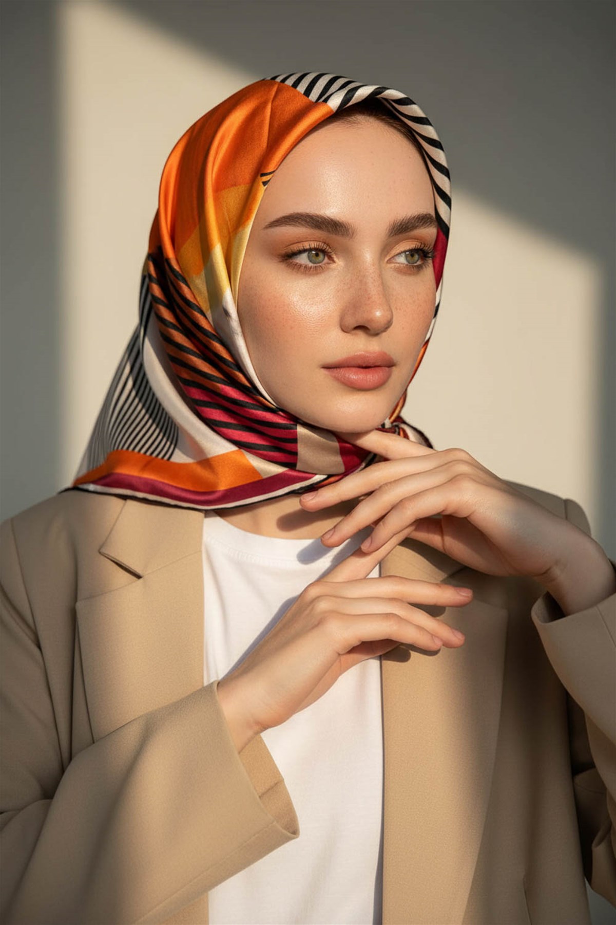 100% Twill İpek Geometrik Desenli Taba - Bej Renkli 90x90 Dikim Şekli : El Dikişi Eşarp