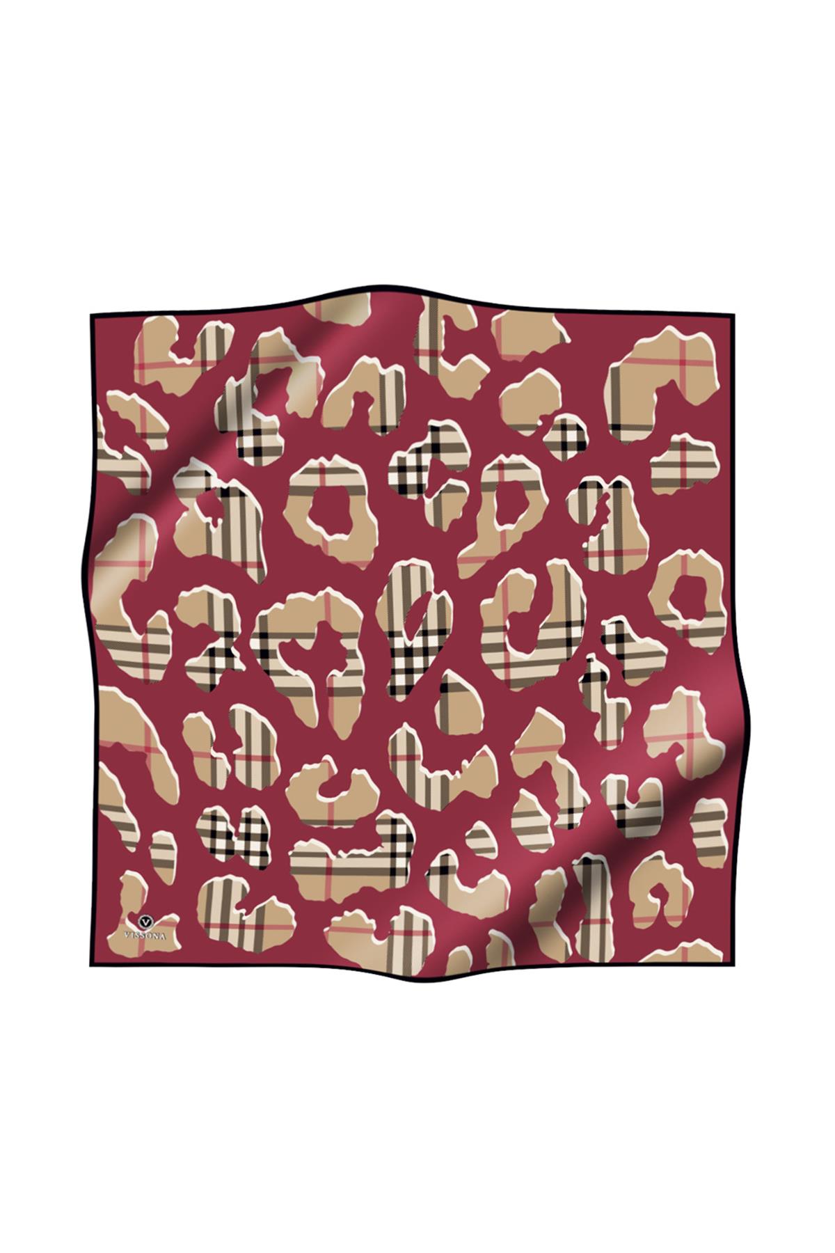 %100 Twill İpek Leopar Desenli Bordo - Bej Renkli 90x90 Eşarp Dikim Şekli : El Dikişi