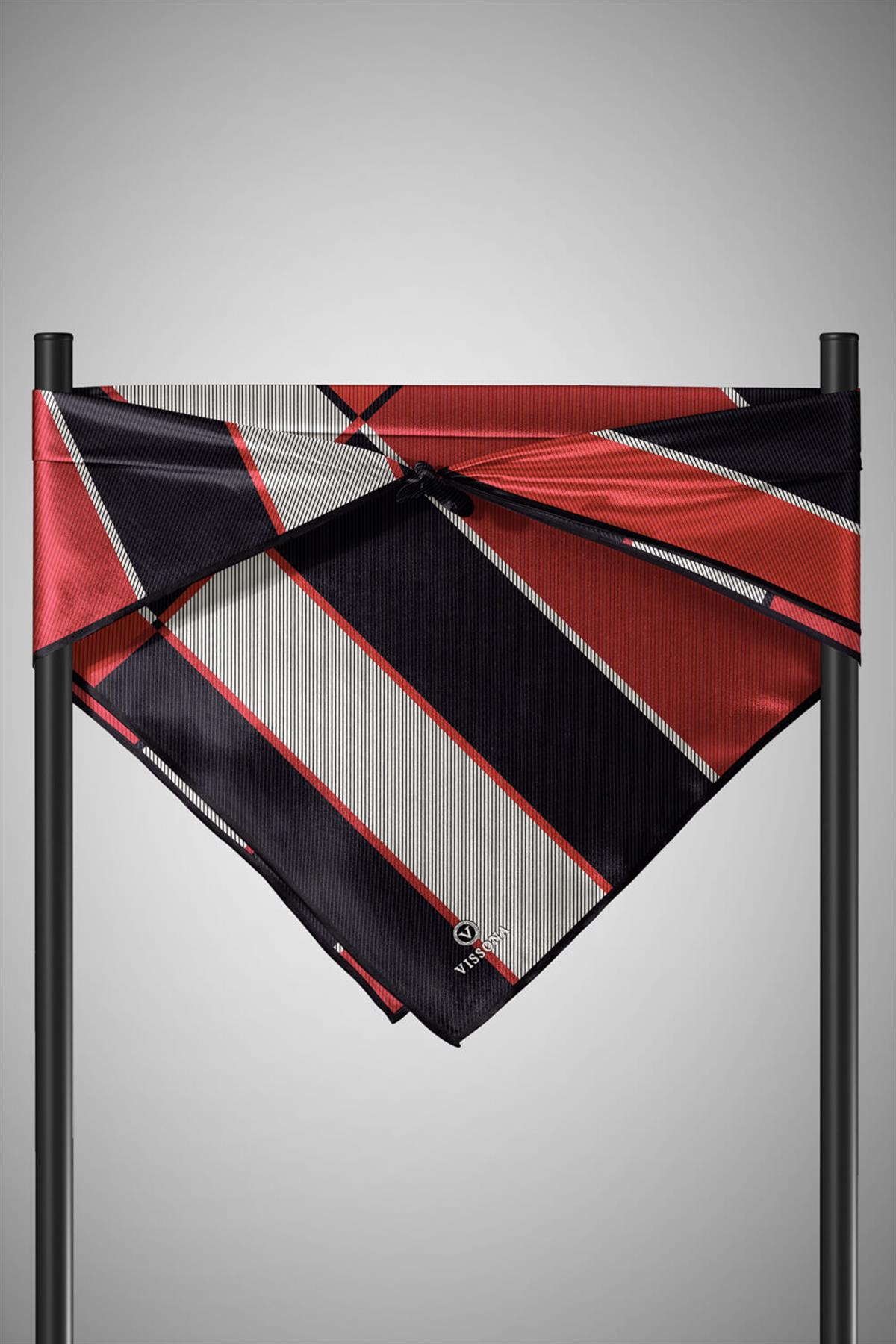 %100 Twill İpek Geometrik Desenli Bordo Renkli 90x90 Eşarp Dikim Şekli : El Dikişi