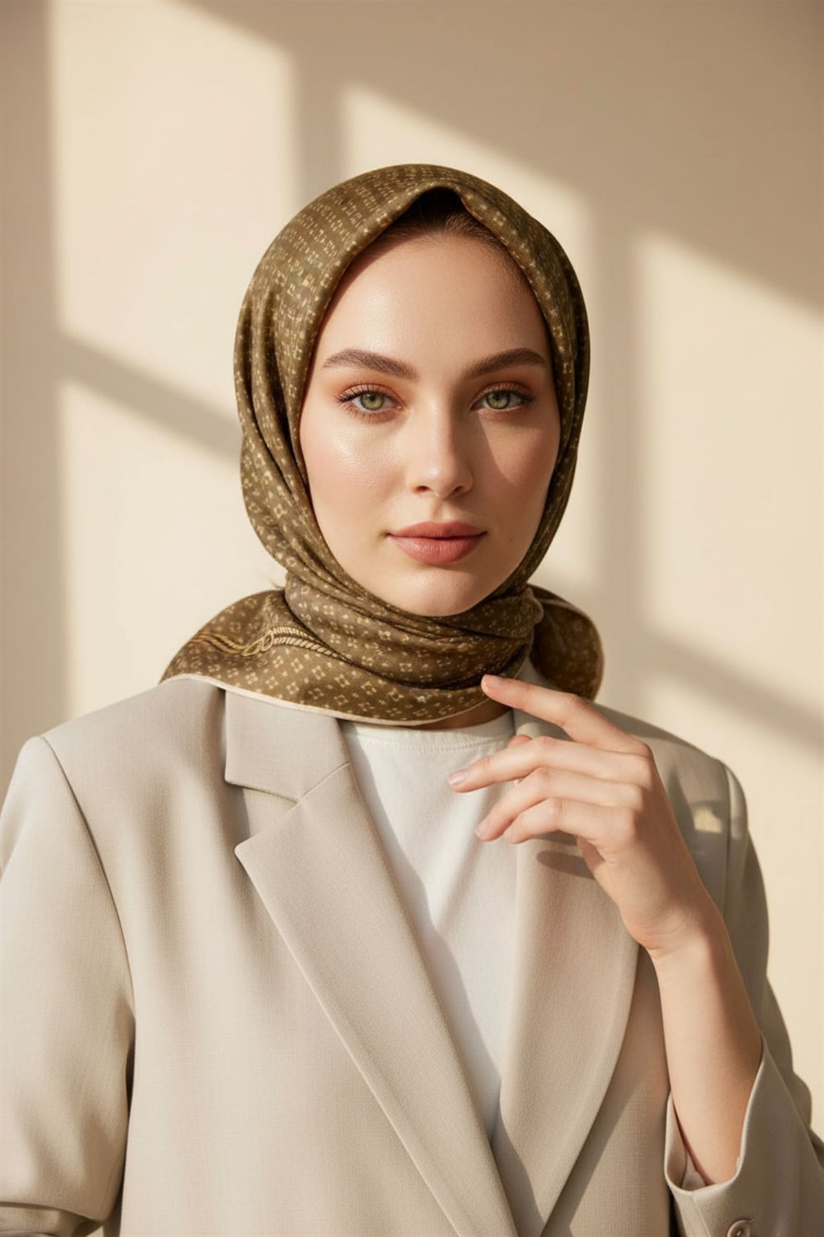 %100 Twill İpek Zincir Desenli Vizon - Gold Renkli 90x90 Eşarp Dikim Şekli : El Dikişi