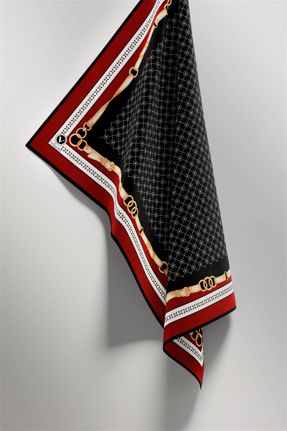 Twill Kemerli ve Çıtır Motifli Desenli Bordo Renkli 90x90 Eşarp (İpek İçermez) Dikim Şekli : El Dikişi