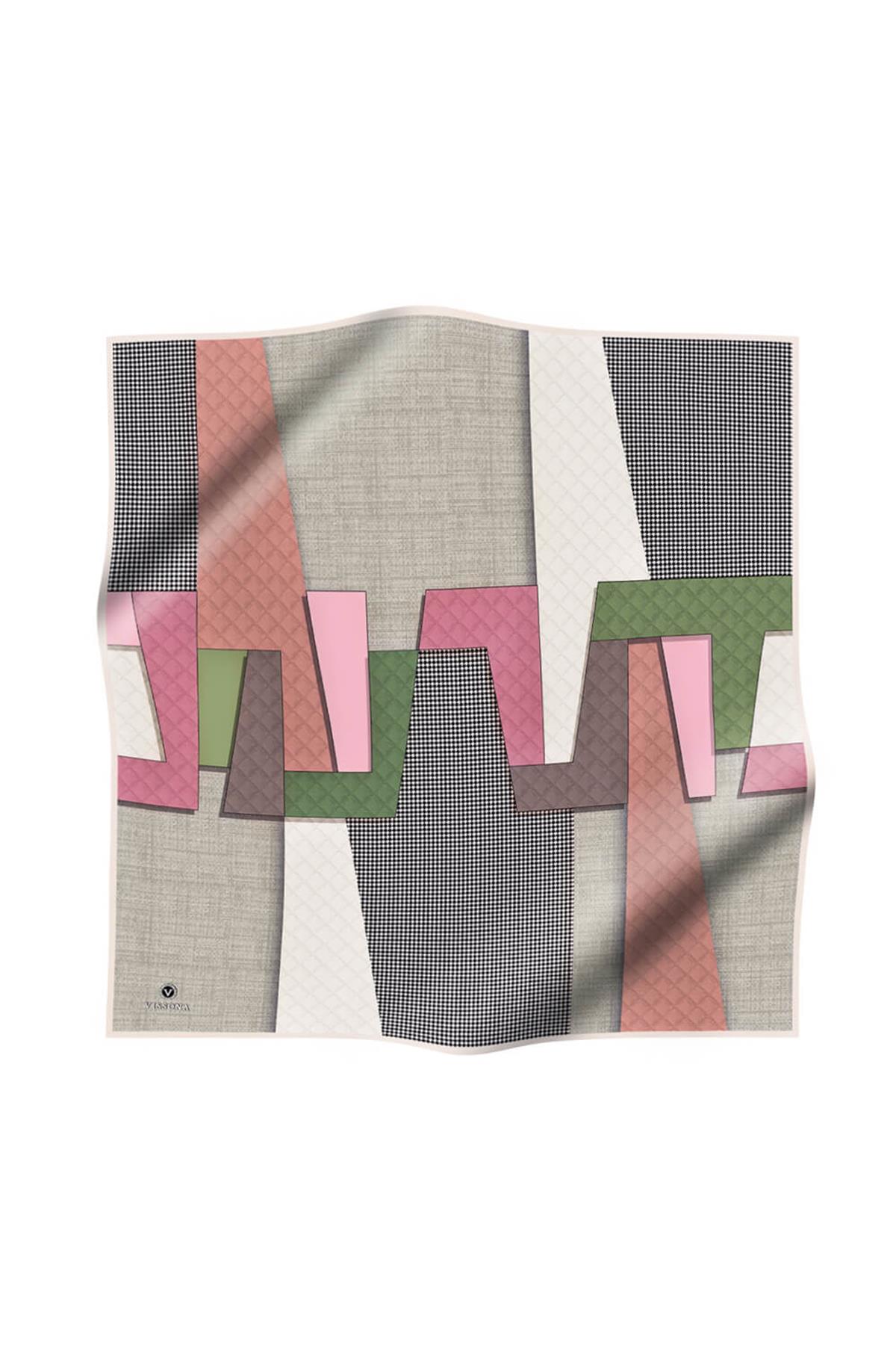 %100 Twill İpek Kazayaklı Ve Geometrik Desenli Kahverengi - Bakır Renkli 90x90 Eşarp Dikim Şekli : El Dikişi