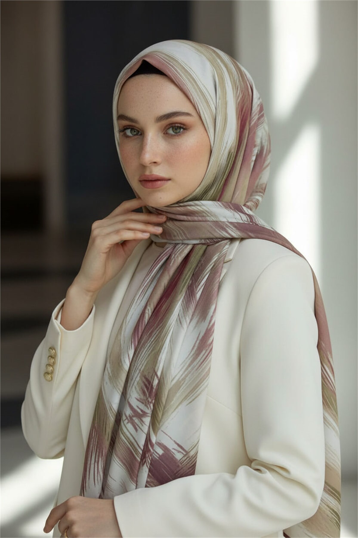 KREP GEOMETRİK DESENLİ PUDRA RENKLİ 75X195 KIRIŞMAZ ŞAL