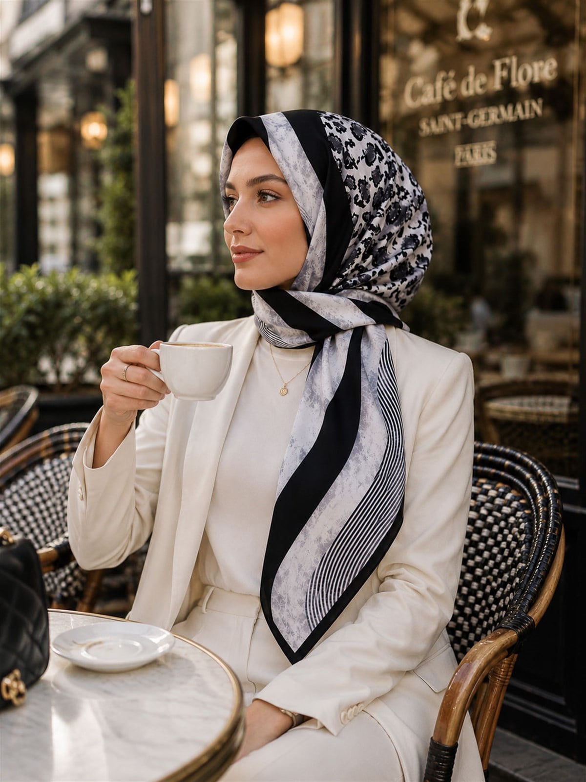 %100 Twill İpek Leopar Ve Geometrik Desenli Gri Renkli 90x90 Eşarp Dikim Şekli : El Dikişi