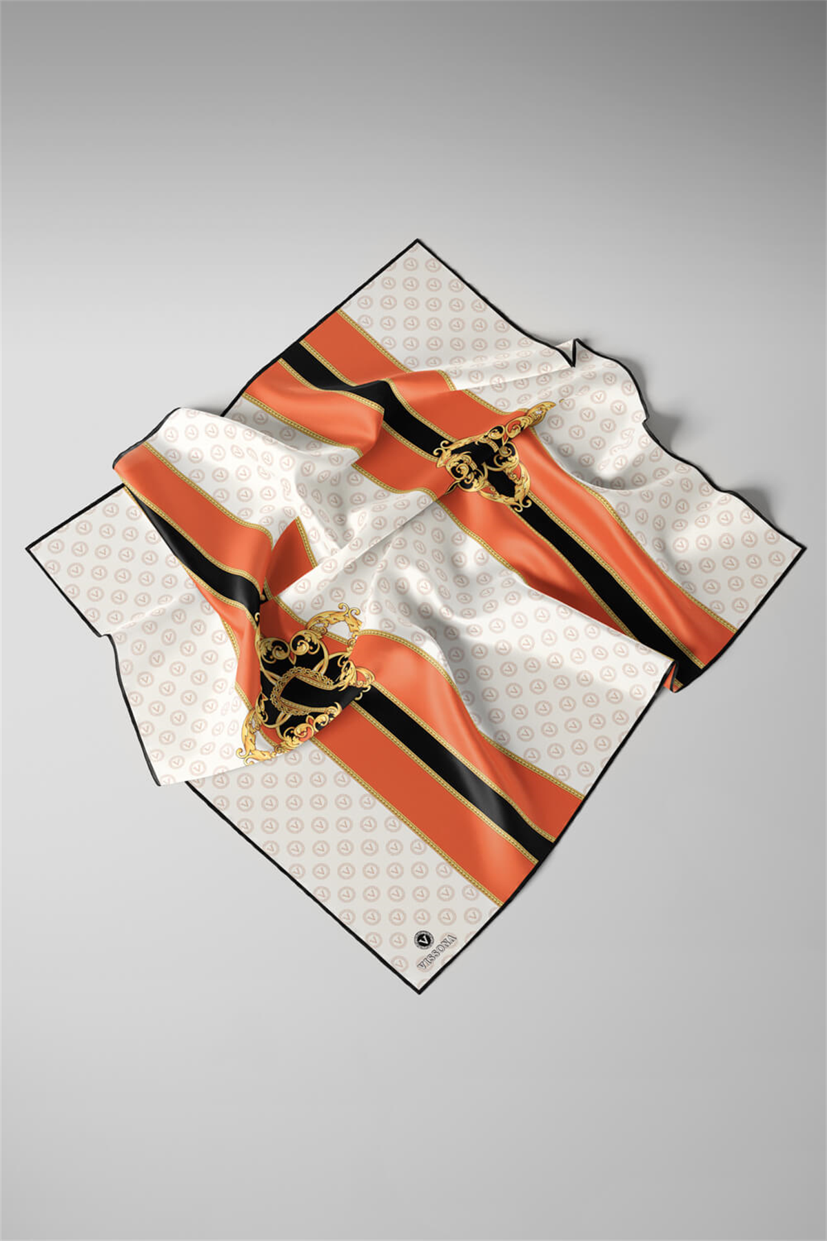 %100 Twill İpek Monogramlı Ve Barok Desenli Turuncu - Gold Renkli 90x90 Eşarp Dikim Şekli : El Dikişi