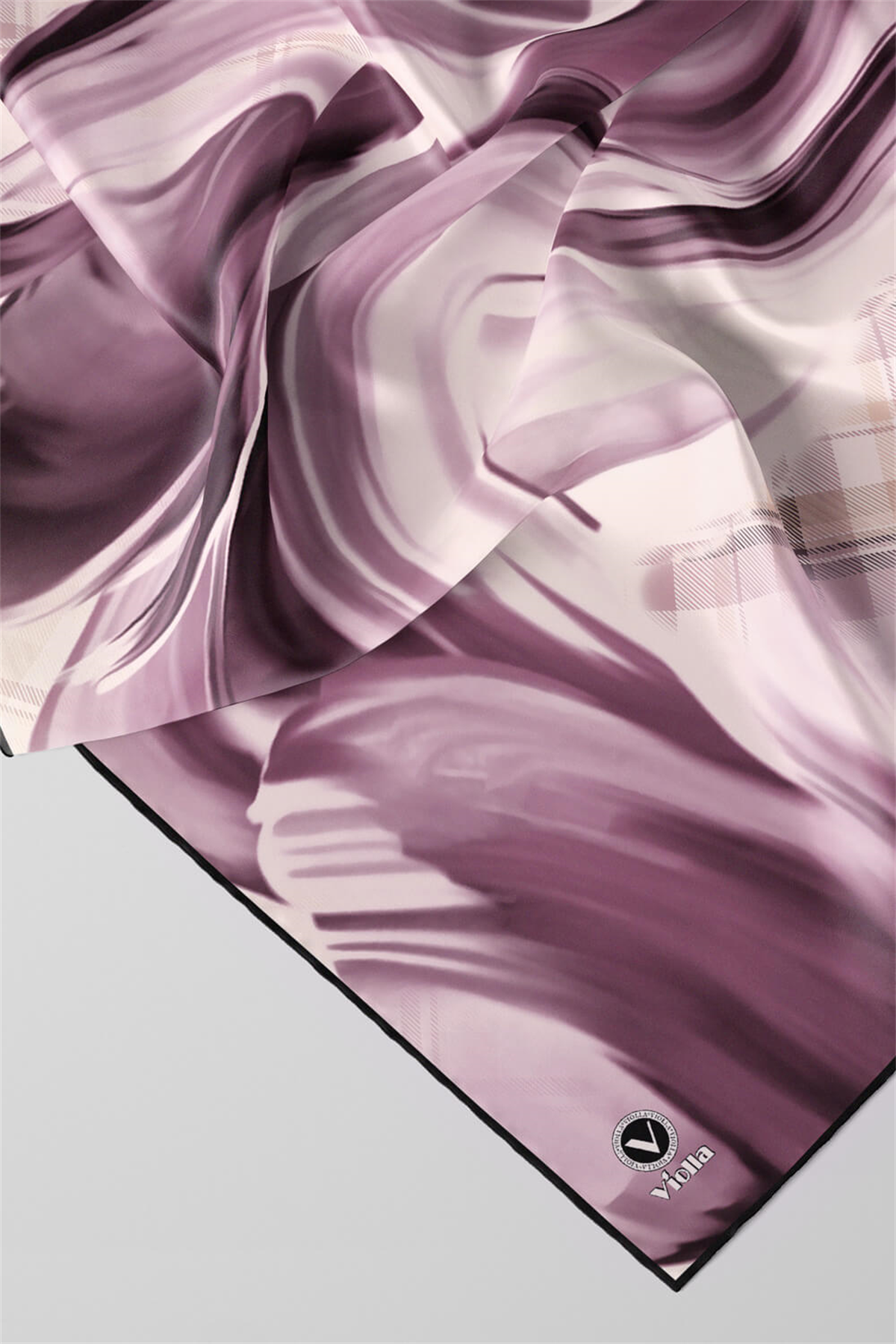 Twill Dalga ve Ekose Desenli Lila Renkli 90x90 Eşarp (İpek İçermez)Kenar Dikiş Şekli El Dikişli