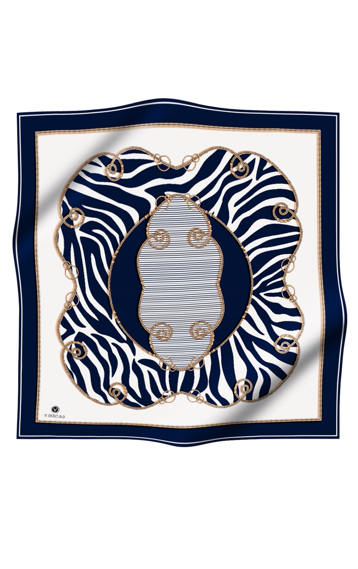 %100 Twill İpek Zincirli Ve Zebra Desenli Lacivert - Krem Renkli 90x90 Eşarp Dikim Şekli : El Dikişi
