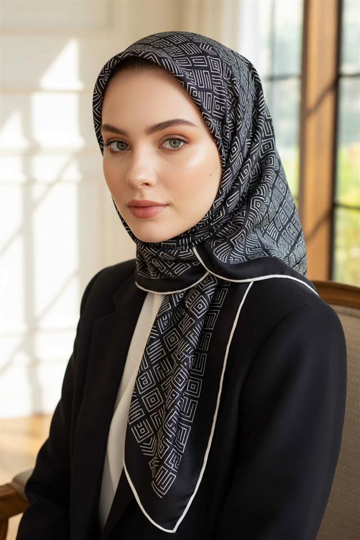 100% Twill İpek Etnik Motif Desenli Siyah - Krem Renkli 90x90 Dikim Şekli : El Dikişi Eşarp