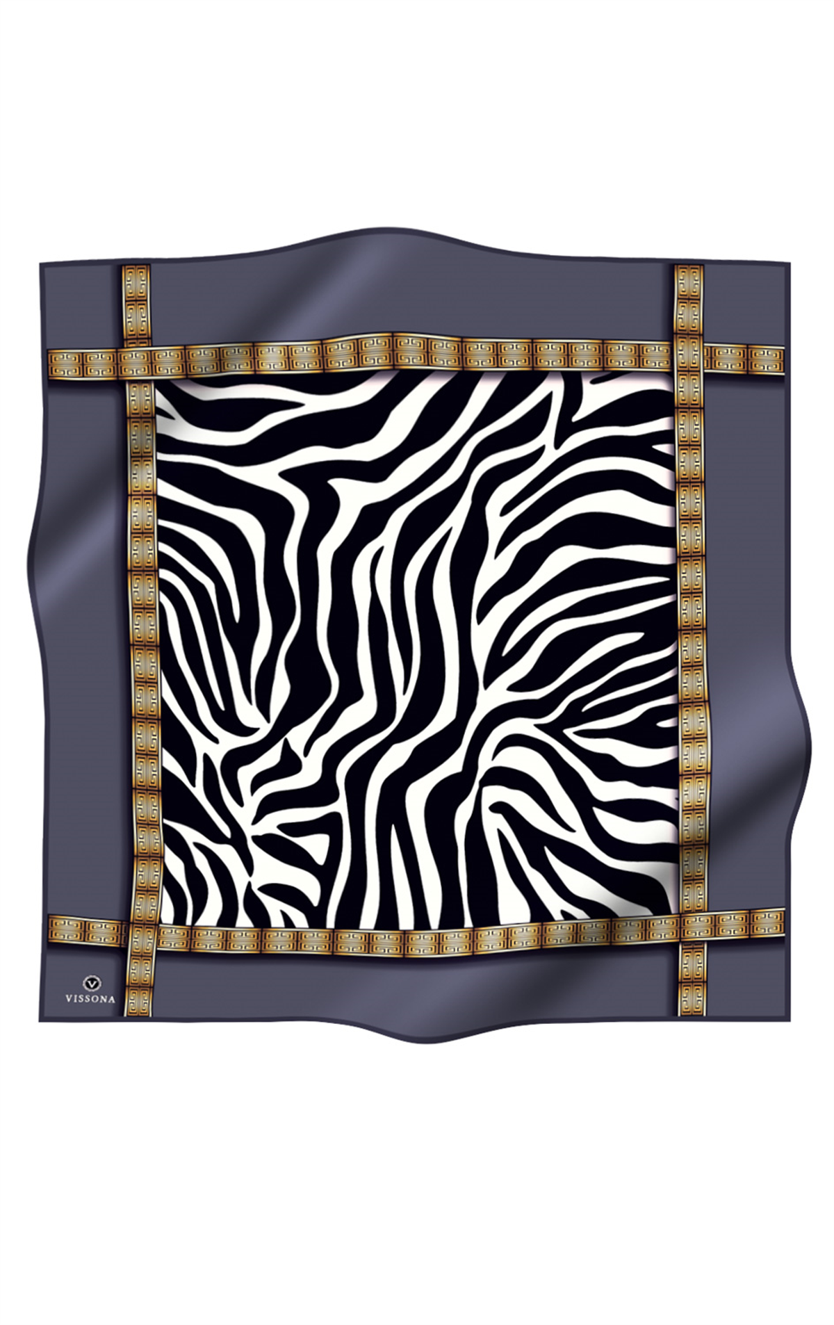 % 57 İPEK % 43 VİSKON Twill İpek Zebra Desenli Gri - Gold Renkli 90x90 Eşarp Dikim Şekli : El Dikişi
