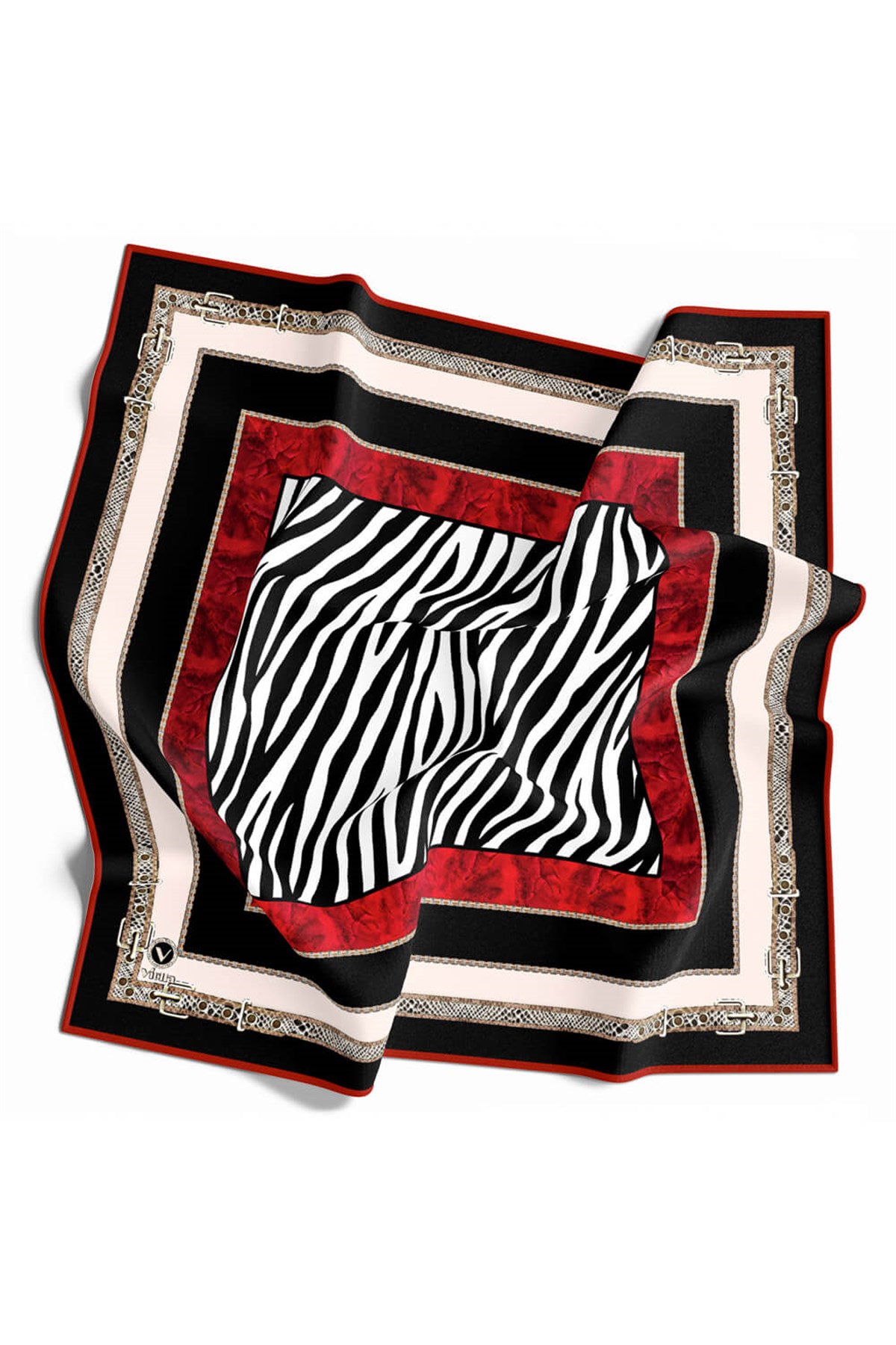 Twill Kemer Bordürlü Zincir Desenli Kırmızı Renkli 90x90 Eşarp (İpek İçermez) Kenar Dikiş Şekli El Dikişli