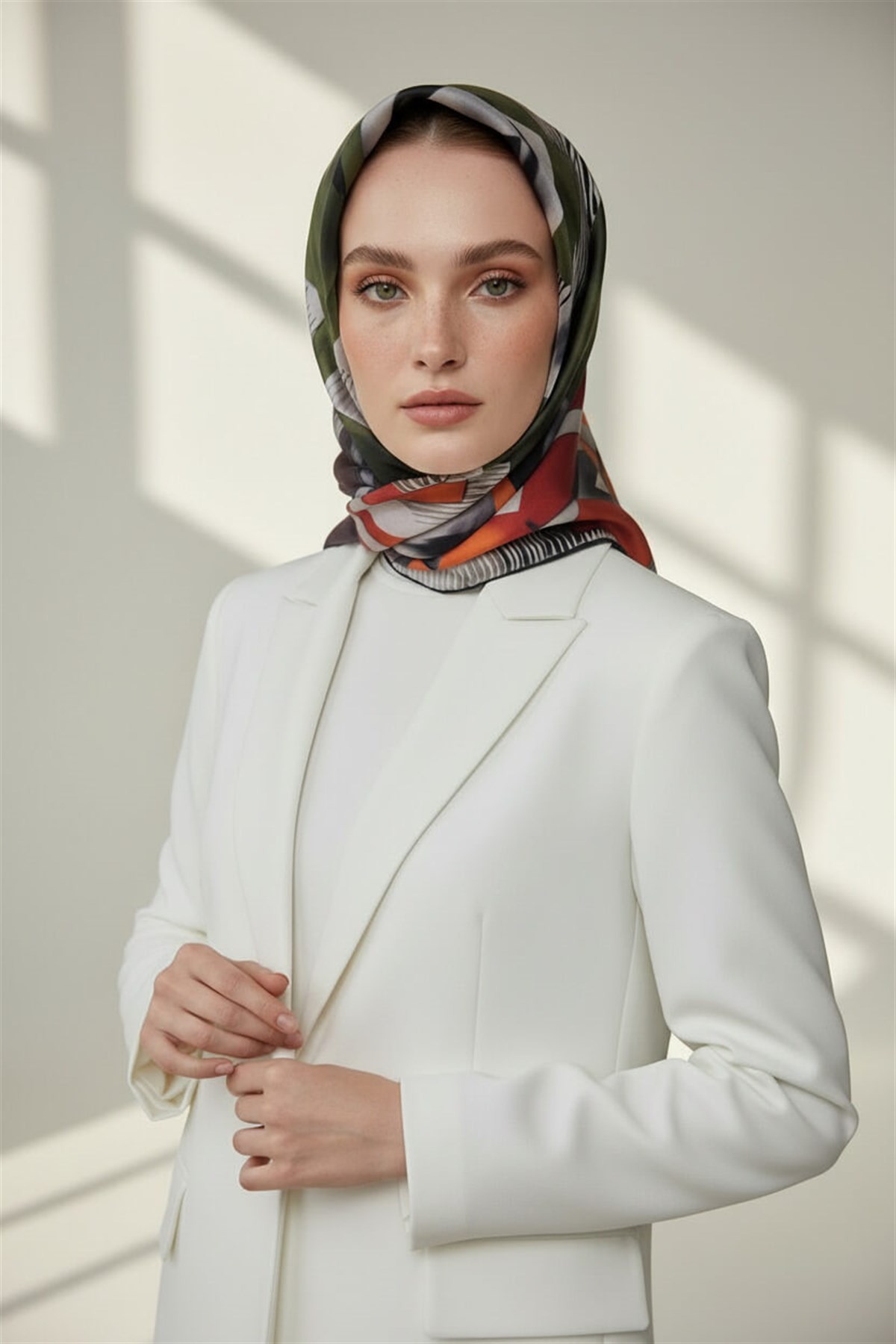 %100 Twill İpek Geometrik Desenli Turuncu - Zümrüt Yeşili Kabuğu Renkli 90x90 Eşarp Dikim Şekli : El Dikişi