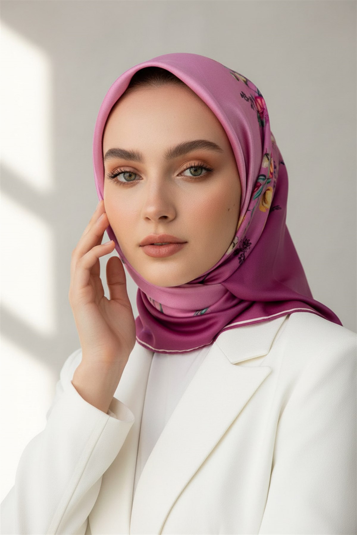 %100 Twill İpek Sonsuz Çiçek Desenli Pembe Renkli 90x90 Eşarp Dikim Şekli : El Dikişi