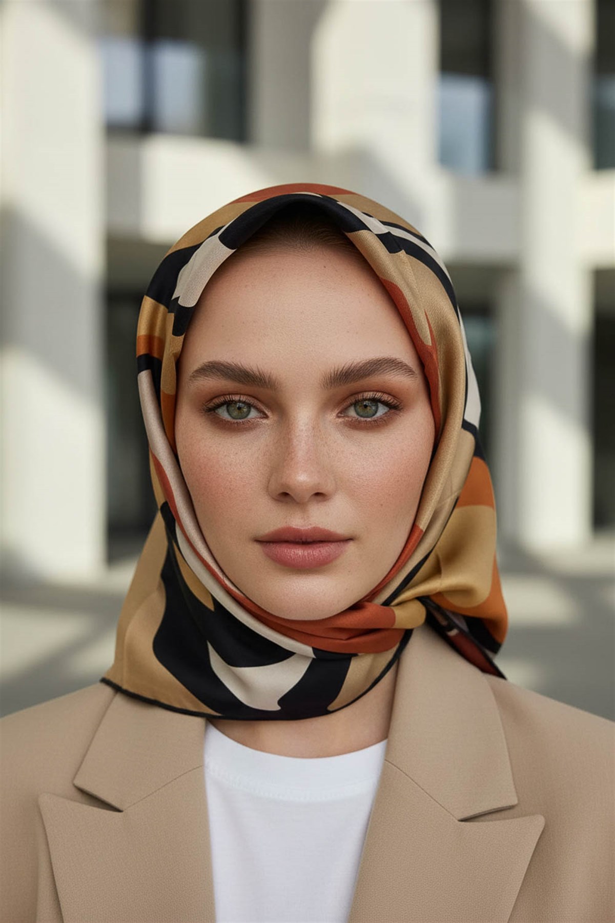 100% Twill İpek Dalga Desenli Hardal - Taba Renkli 90x90 Dikim Şekli : El Dikişi Eşarp
