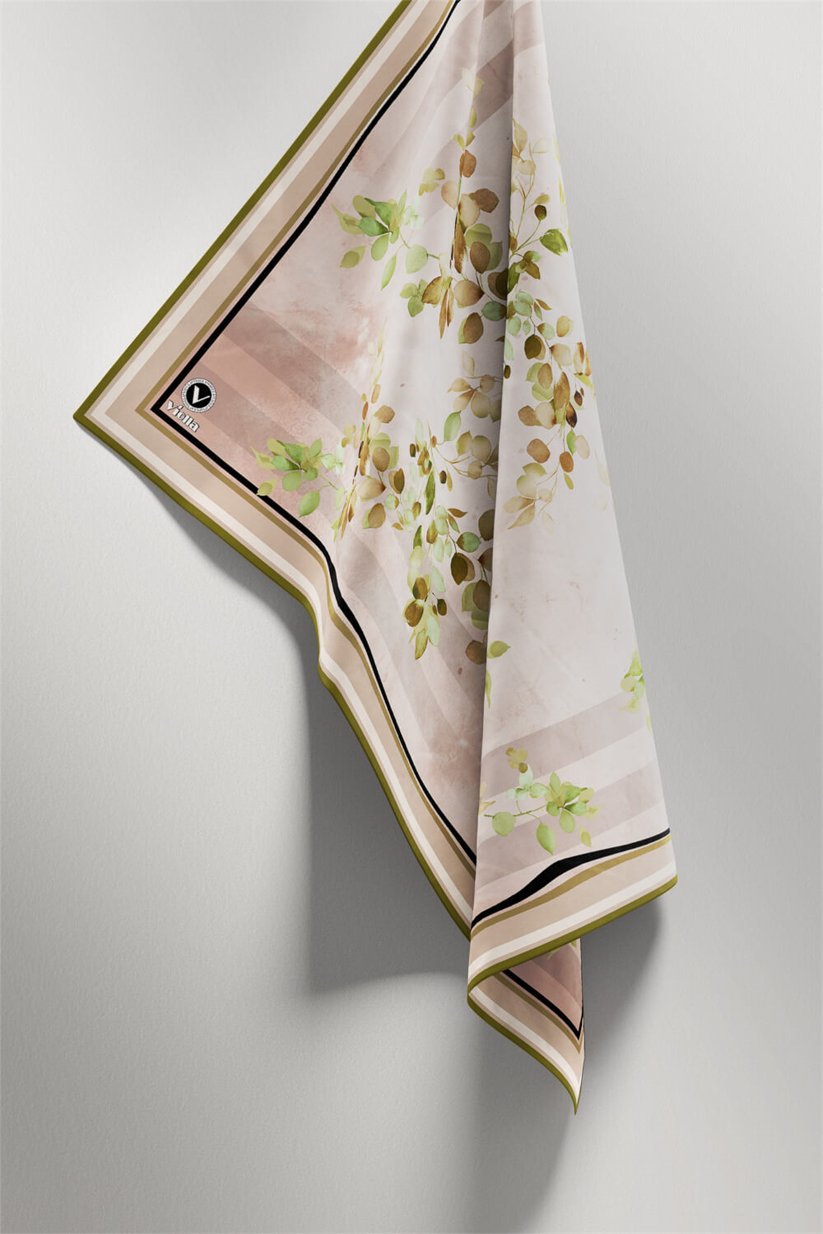 Twill Çiçek Desenli Haki Yeşili Renkli 90x90 Eşarp (İpek İçermez) Kenar Dikiş Şekli El Dikişli