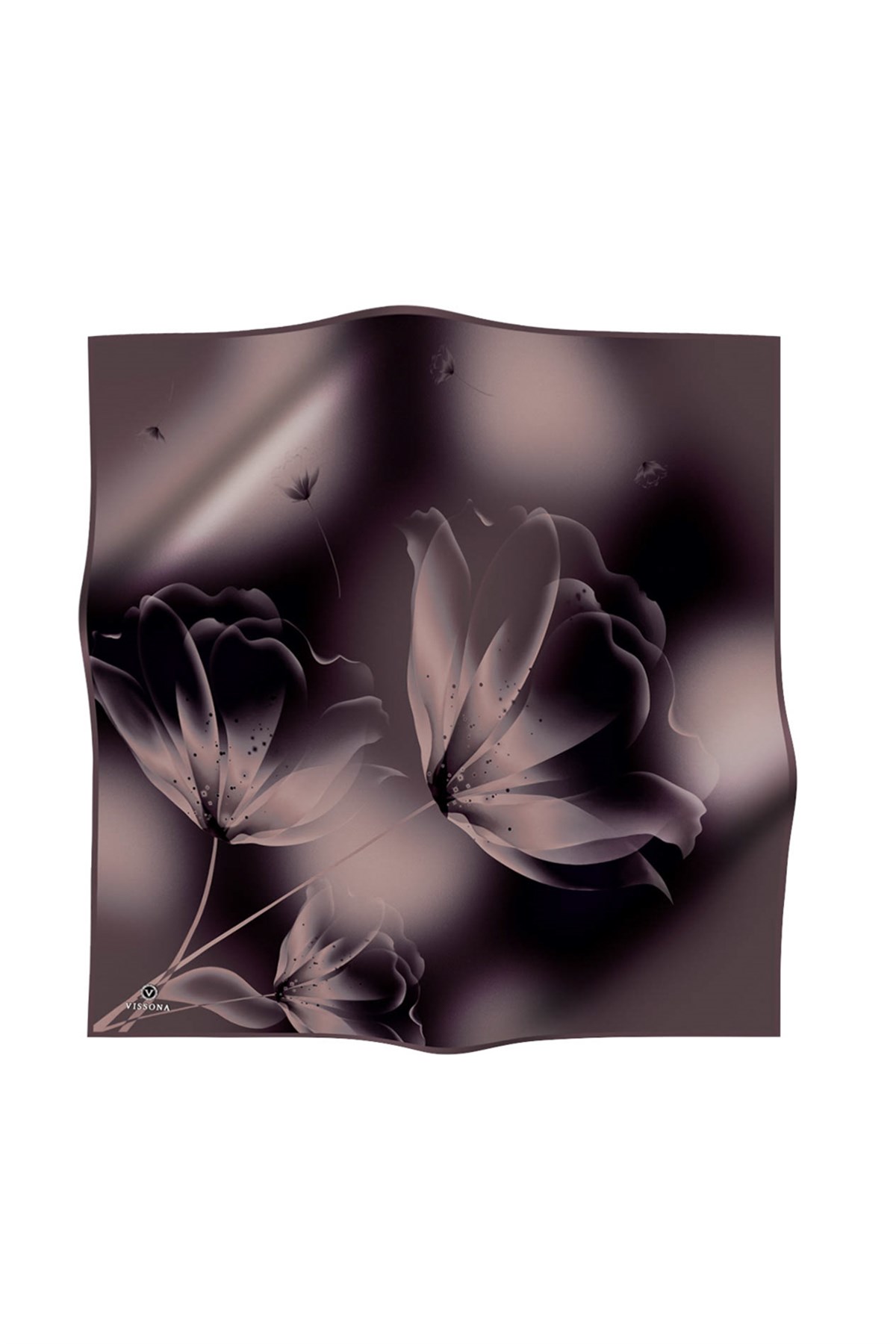 %100 Twill İpek Çiçek Desenli Vizon Renkli 90x90 Eşarp Dikim Şekli : El Dikişi