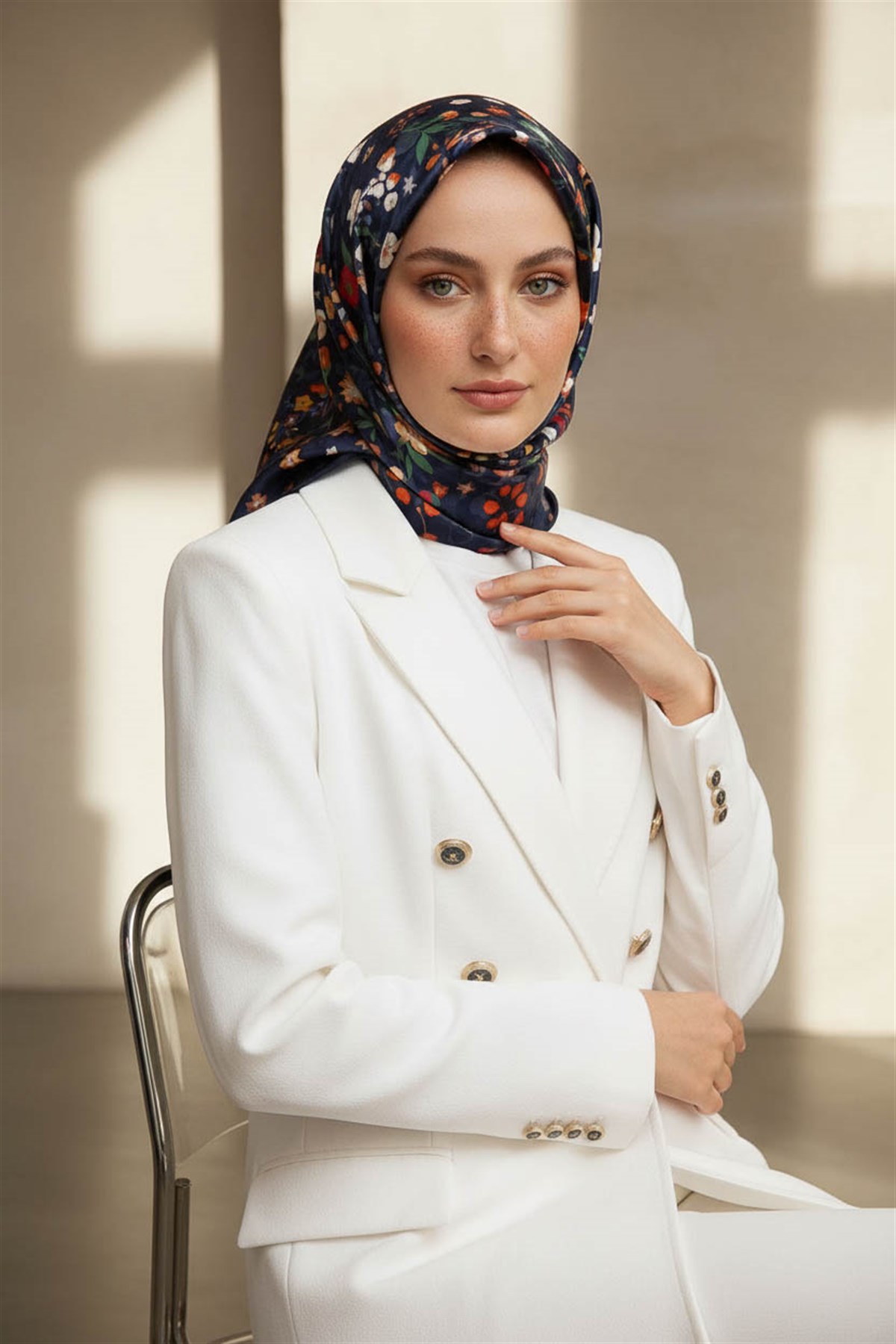 %100 Twill İpek Çıtır Çiçek Desenli Lacivert - Kırmızı Renkli 90x90 Eşarp Dikim Şekli : El Dikişi