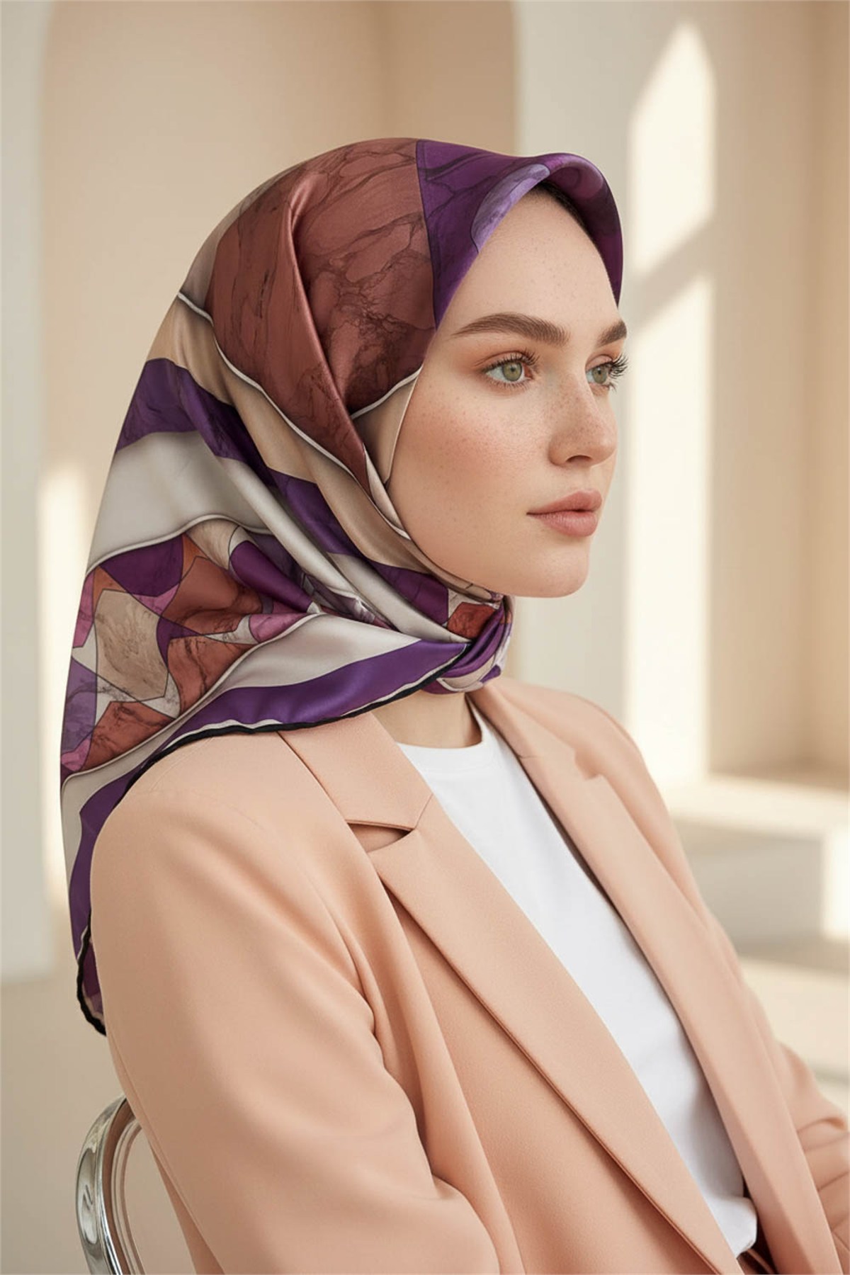 Rayon Geometrik Mermer Desenli Lila Renkli 90x90 Eşarp (İpek İçermez) Kenar Dikiş Şekli El Dikişli