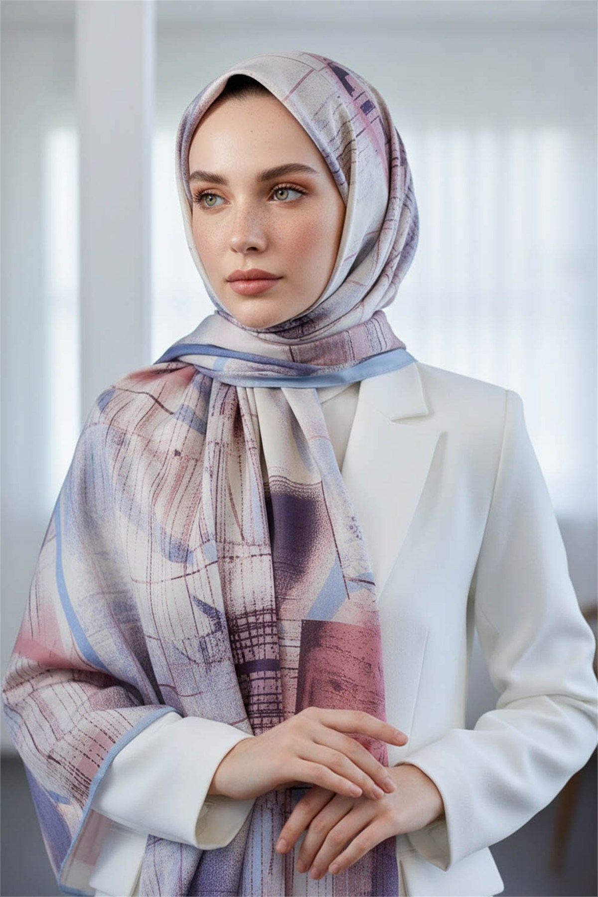 KREP GEOMETRİK DESENLİ BEBE MAVİSİ RENKLİ 75X195 KIRIŞMAZ ŞAL