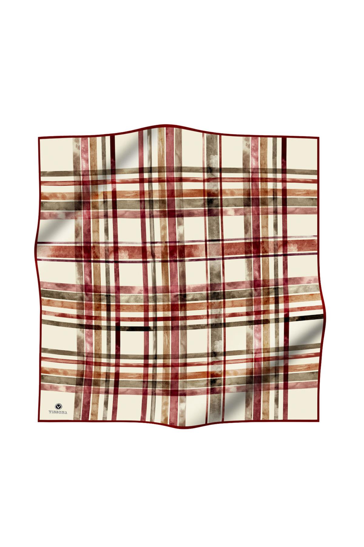 %100 Twill İpek Ekose Desenli Bordo - Haki Renkli 90x90 Eşarp Kenar Dikiş Şekli El Dikişli