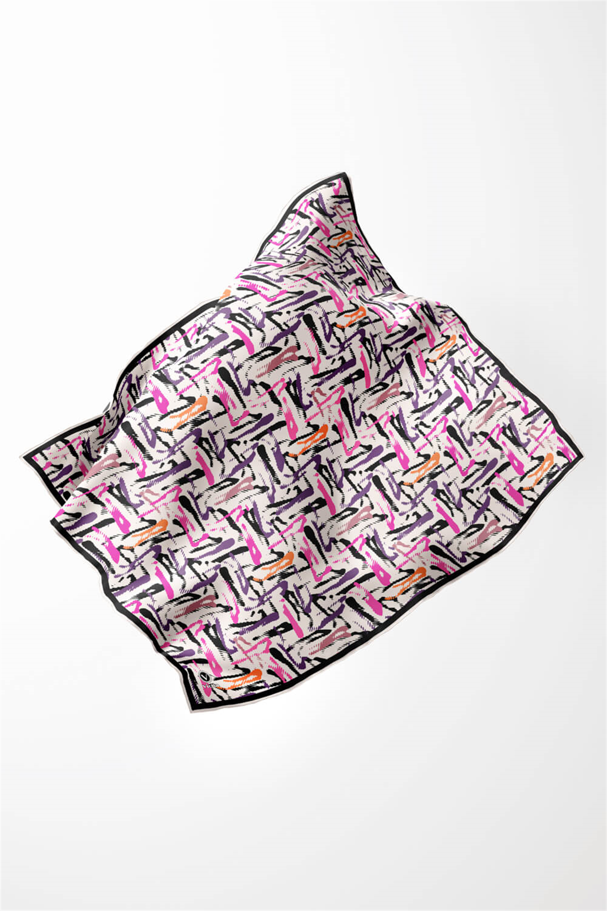 Twill Geometrik Desenli Beyaz - Mor Renkli 90x90 Eşarp (İpek İçermez) Dikim Şekli : El Dikişi