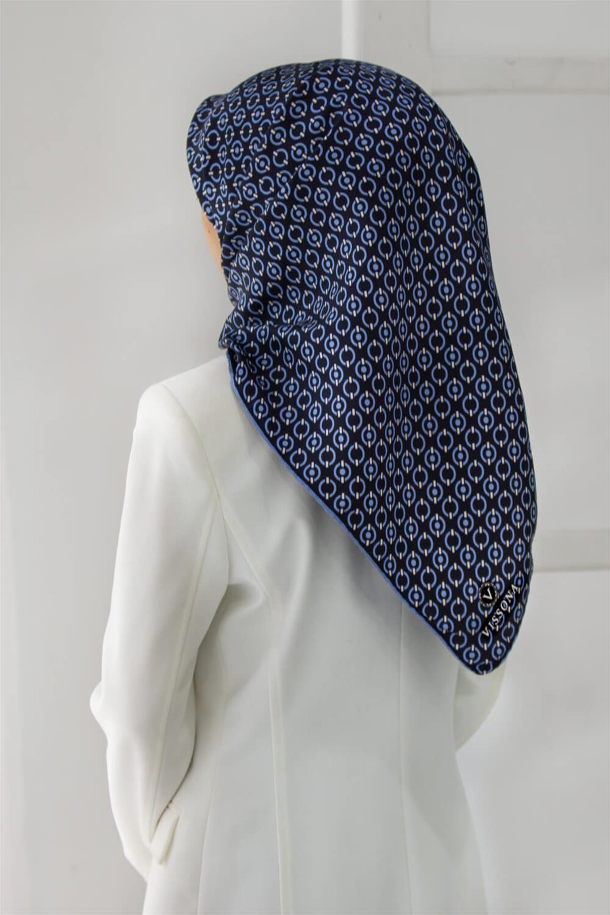 %100 Twill İpek Zincir Desenli Lacivert - İndigo Renkli 90x90 Eşarp Kenar Dikiş Şekli El Dikişli