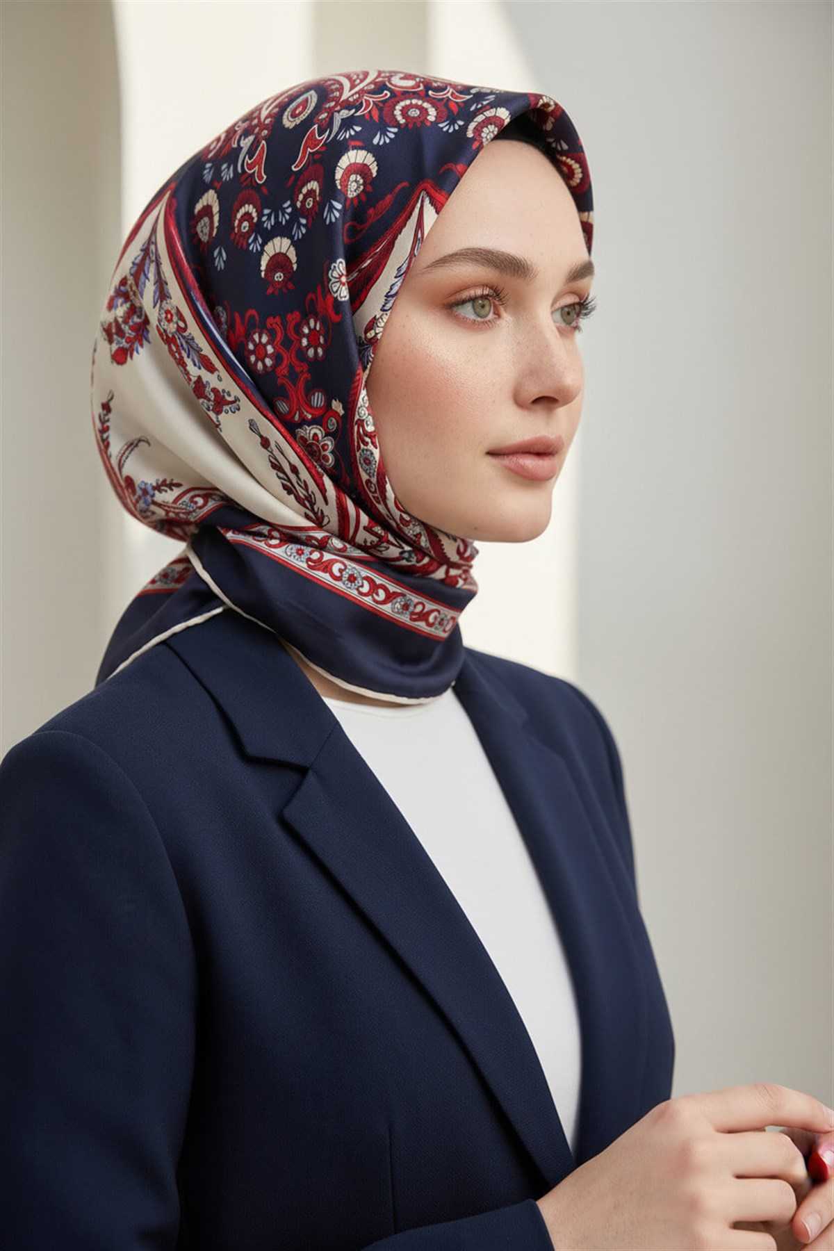 % 57 İPEK % 43 VİSKON Twill İpek Şal Motif Desenli Lacivert - Kırmızı Renkli 90x90 Eşarp Dikim Şekli : El Dikişi
