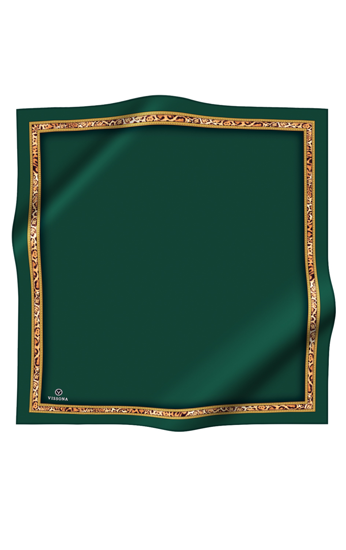 %100 Twill İpek Bordürü Leoparlı Düz Desenli Zümrüt Yeşili - Gold Renkli 90x90 Eşarp Dikim Şekli : El Dikişi