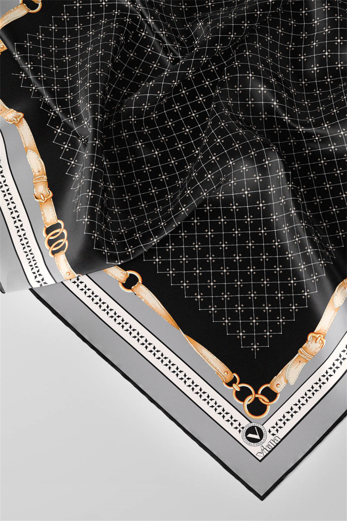 Twill Kemerli ve Çıtır Motifli Desenli Gri Renkli 90x90 Eşarp (İpek İçermez) Dikim Şekli : El Dikişi