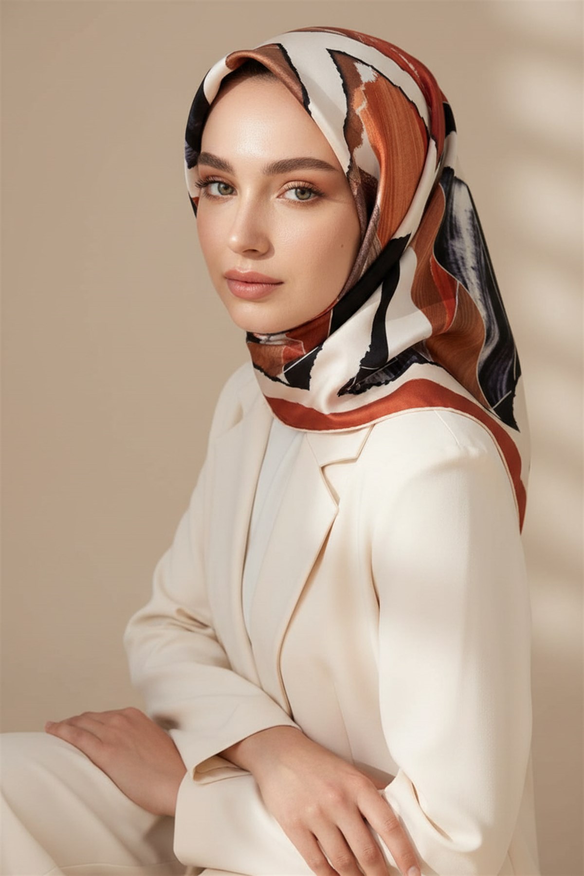 %100 Twill İpek Geometrik Desenli Taba - Bej Renkli 90x90 Eşarp Dikim Şekli : El Dikişi