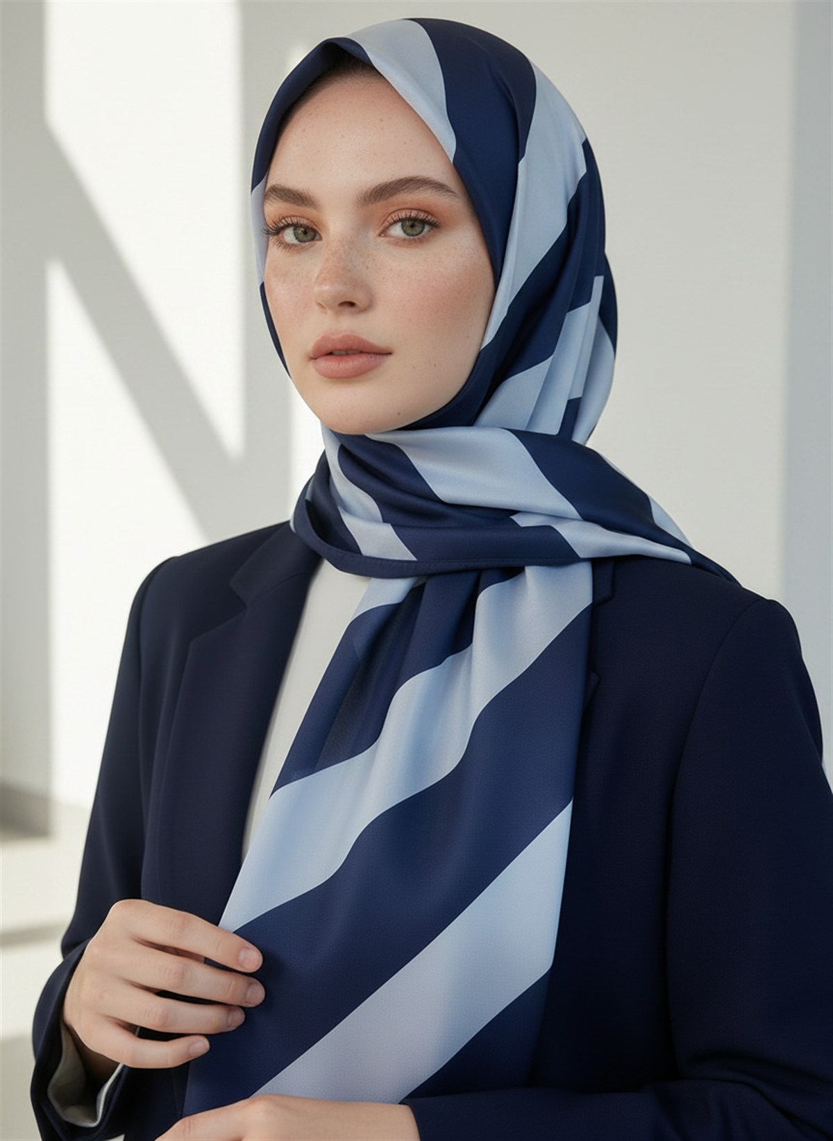 %100 Saf İpek Şal İnce Saten Vual Dokuma Çizgili Desenli Lacivert - Bebe Mavisi Renkli 90x210 Şal