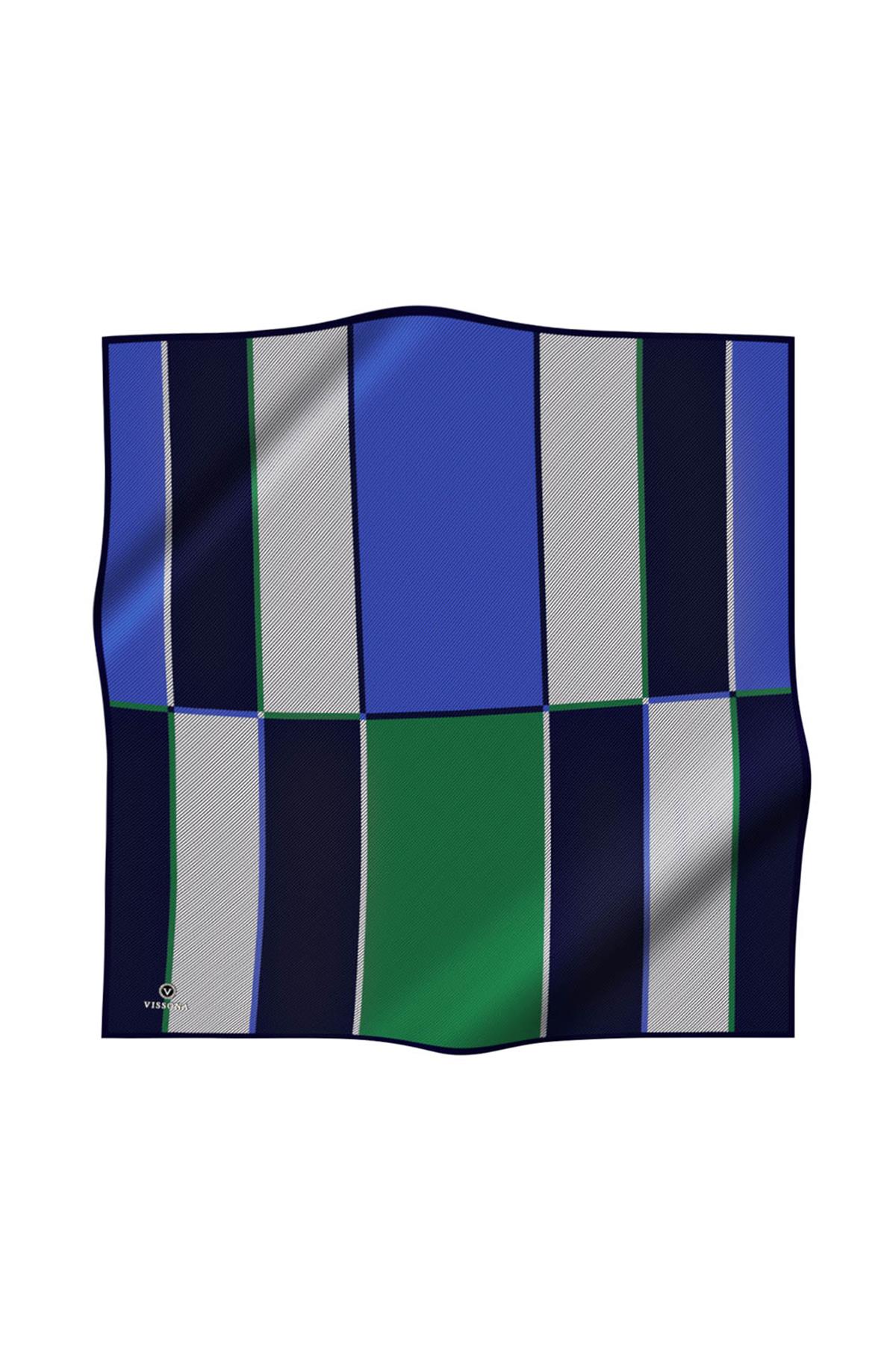 %100 Twill İpek Geometrik Desenli Saks Renkli 90x90 Eşarp Dikim Şekli : El Dikişi