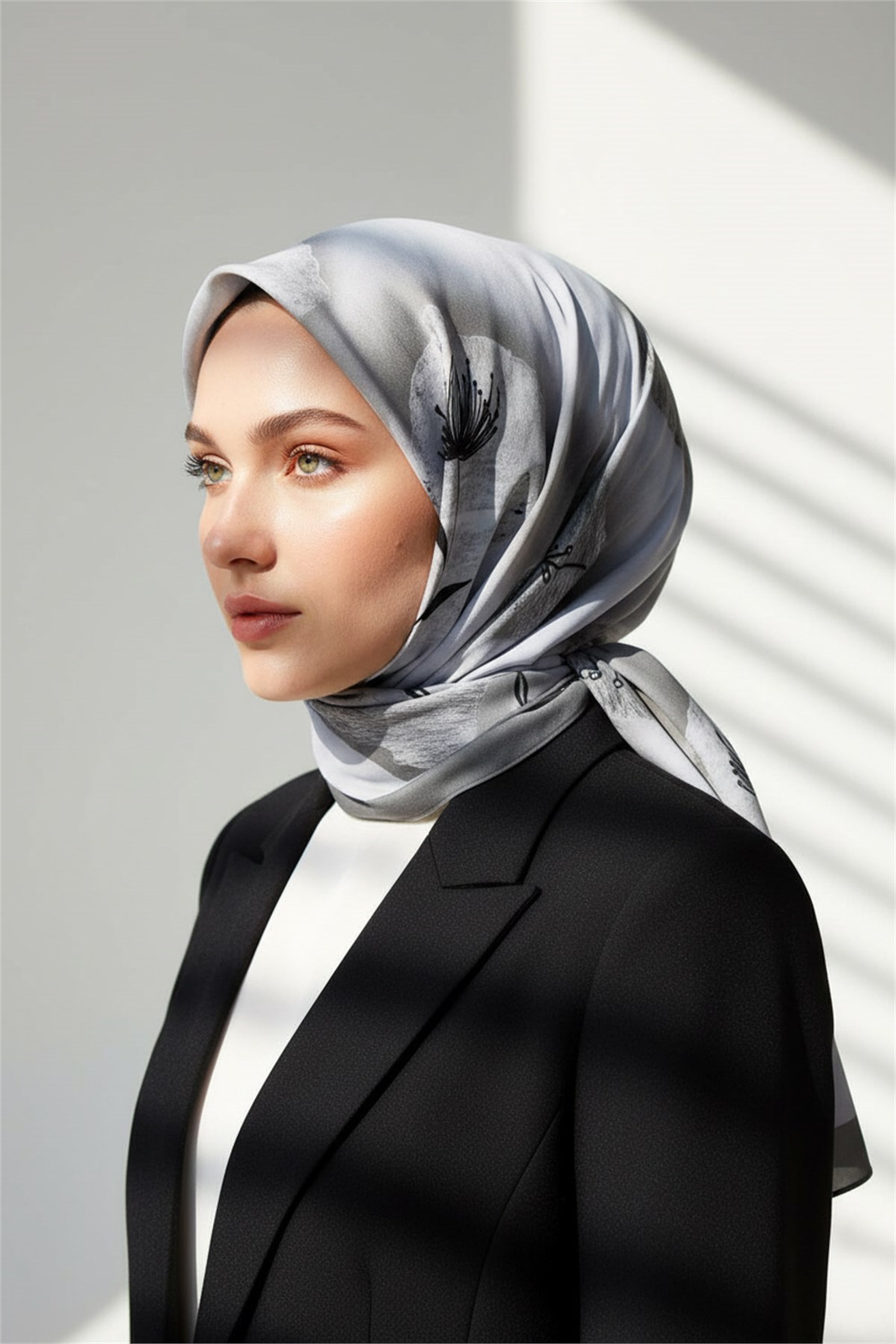 KREP FIRÇA DOKULU ÇİZGİ ÇİÇEK DESENLİ GRİ RENKLİ 75X195 KIRIŞMAZ ŞAL