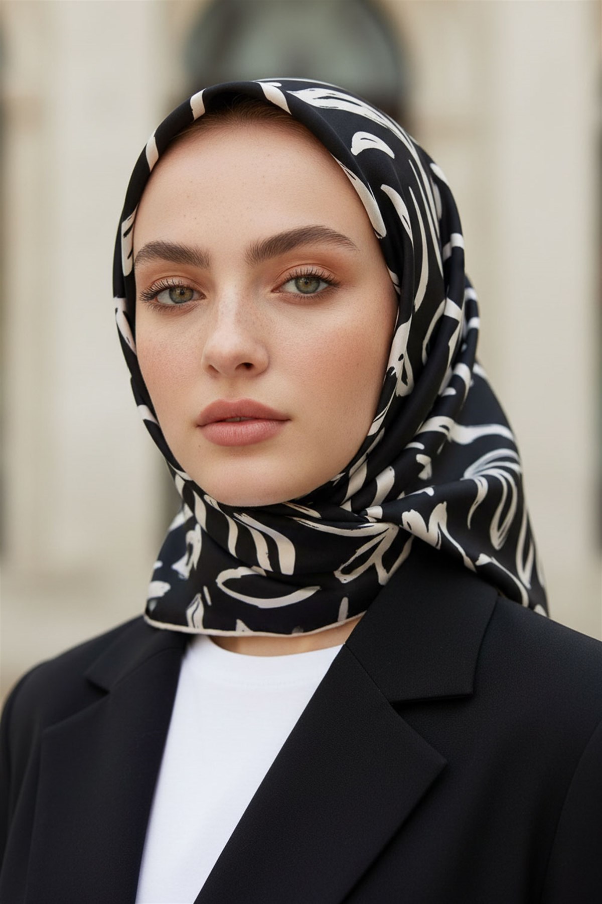 % 57 İPEK % 43 VİSKON Twill İpek Büyük Çiçek Desenli Siyah - Krem Renkli 90x90 Eşarp Dikim Şekli : El Dikişi