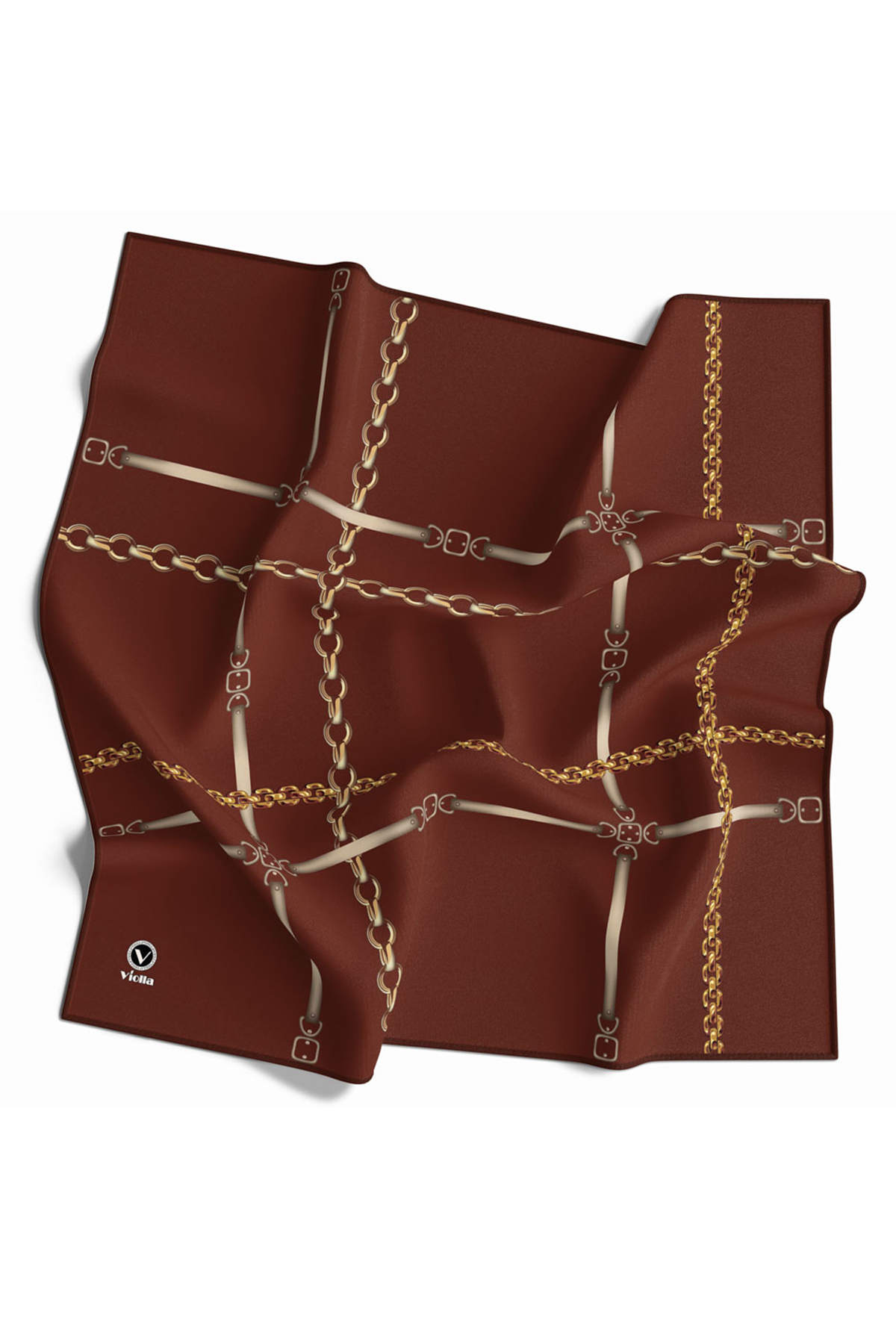 Twill Zincir ve Kemer Desenli Taba Renkli 90x90 Eşarp (İpek İçermez) Kenar Dikiş Şekli El Dikişli
