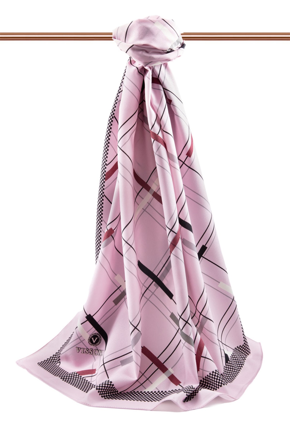 KREP GEOMETRİK DESENLİ PUDRA - SİYAH RENKLİ 75X195 KIRIŞMAZ ŞAL