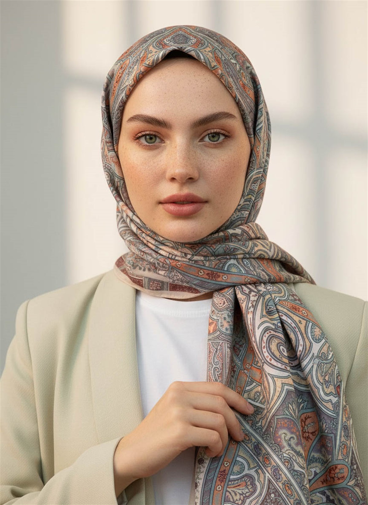 %100 Saf İpek Şal İnce Saten Vual Dokuma Etnik Desenli Sütlükahve Renkli 90x210 Şal