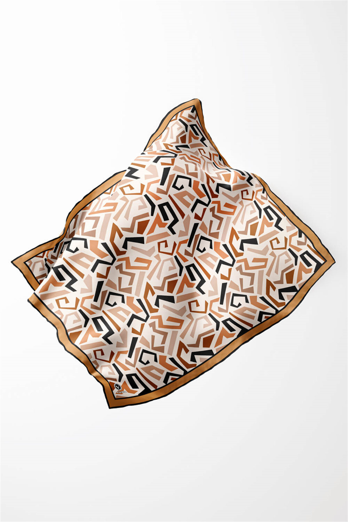 Twill Geometrik Desenli Hardal Renkli 90x90 Eşarp (İpek İçermez) Kenar Dikiş Şekli El Dikişli