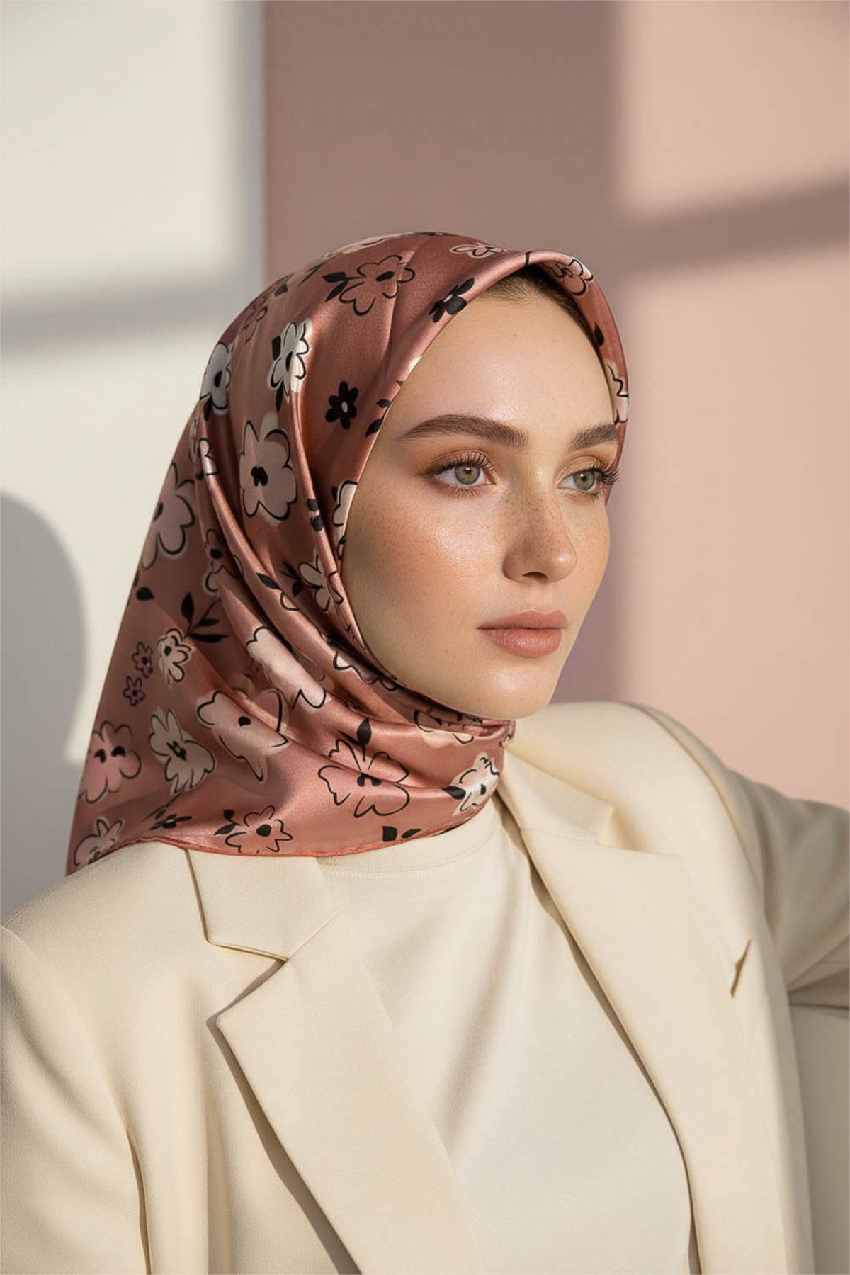 Rayon Papatya Desenli Somon Renkli 90x90 Eşarp (İpek İçermez) Kenar Dikiş Şekli El Dikişli