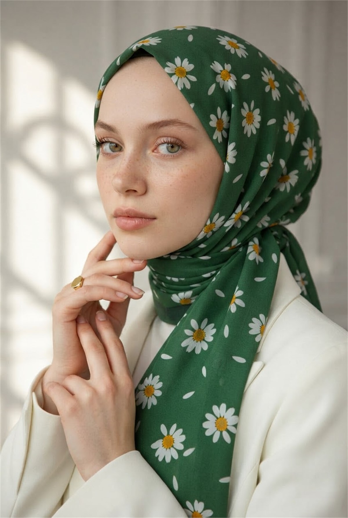 KREP PAPATYA DESENLİ ZÜMRÜT YEŞİLİ RENKLİ 75X195 KIRIŞMAZ ŞAL