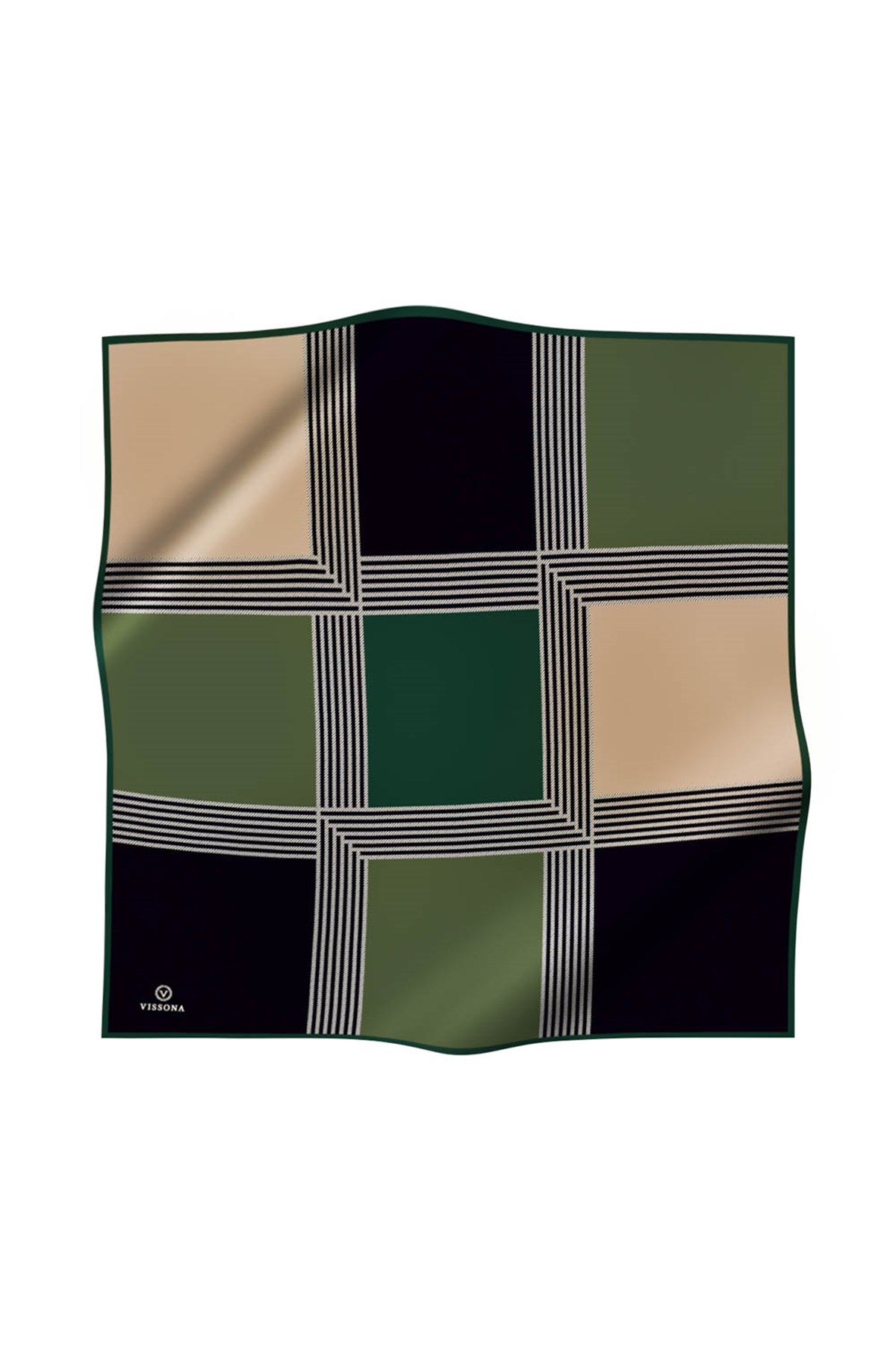 % 57 İPEK % 43 VİSKON Twill İpek Geometrik Desenli Zümrüt Yeşili Renkli 90x90 Eşarp Dikim Şekli : El Dikişi