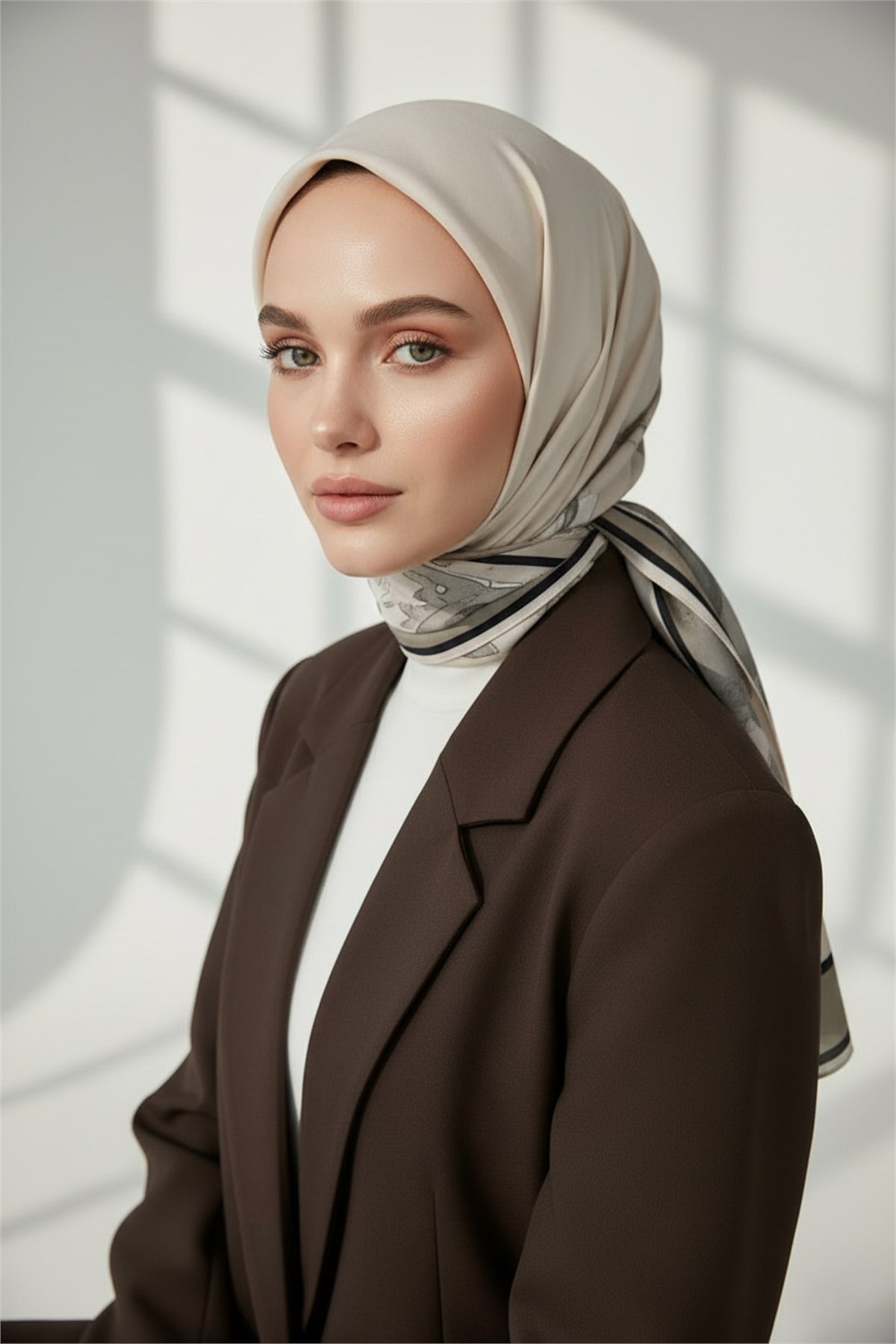 KREP ÇİÇEK DESENLİ BEJ - GRİ RENKLİ 75X195 KIRIŞMAZ ŞAL