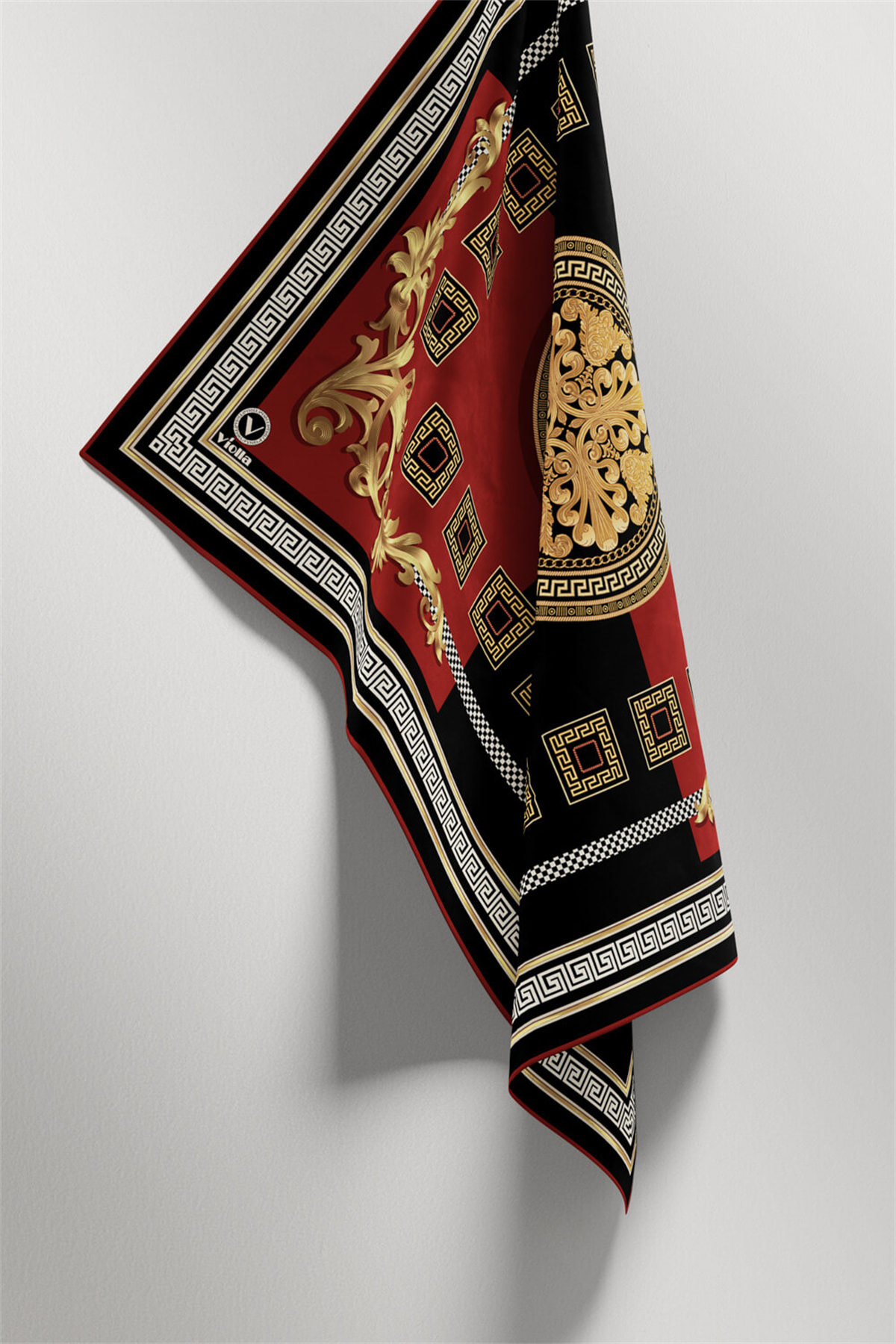 Twill Barok Desenli Bordo Renkli 90x90 Eşarp (İpek İçermez) Kenar Dikiş Şekli El Dikişli