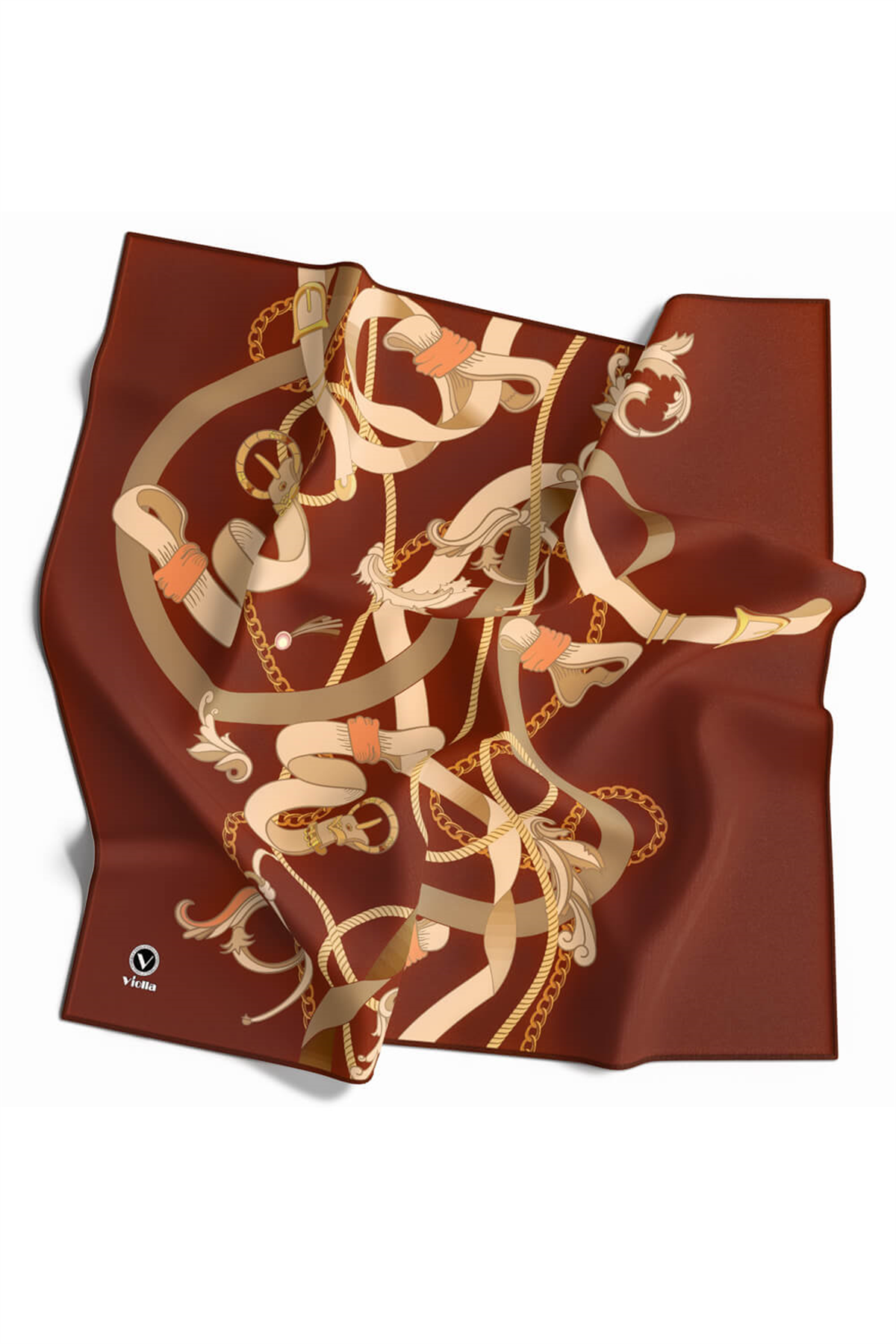 Twill Kemerli Ve Zincir Desenli Taba Renkli 90x90 Eşarp (İpek İçermez) Kenar Dikiş Şekli El Dikişli