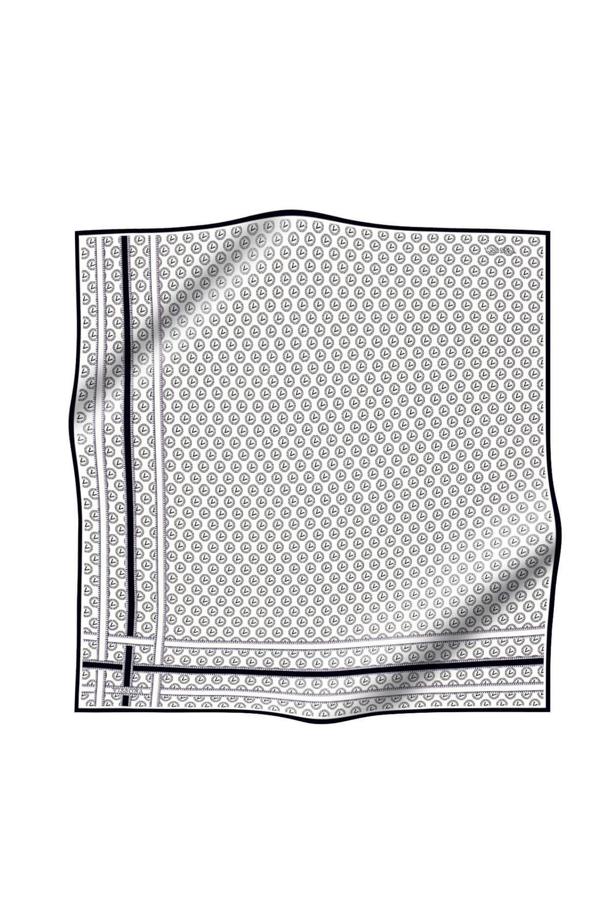 %100 Twill İpek Monogram Desenli Krem - Siyah Renkli 90x90 Eşarp Dikim Şekli : El Dikişi