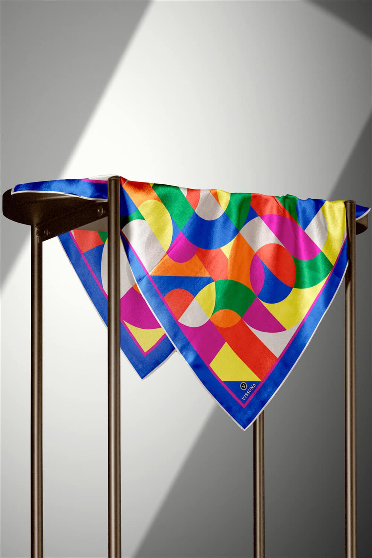 %100 Twill Renk Bloklu Çizgili Desenli Saks - Turuncu Renkli 90x90 Eşarp Dikim Şekli: El Dikişii