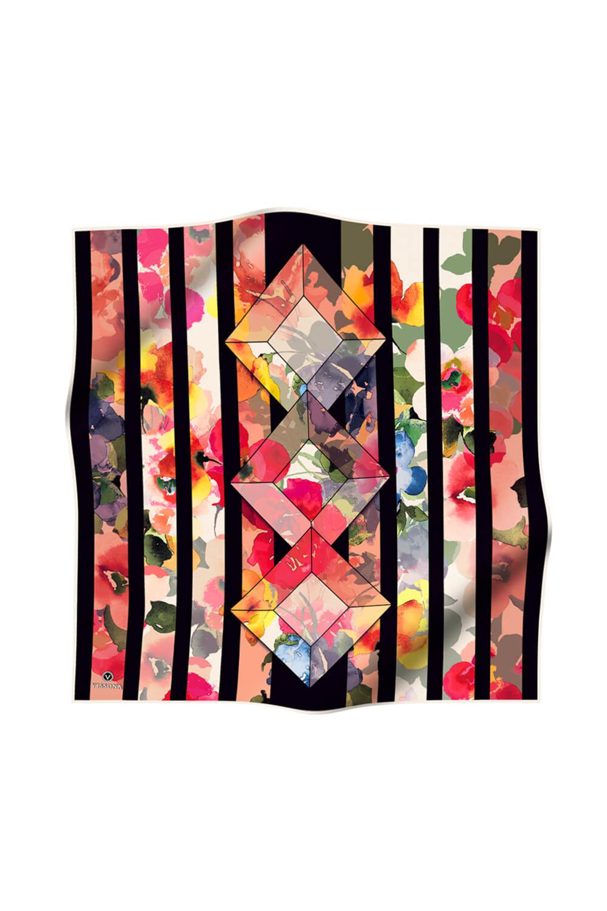 %100 Twill İpek Bahar Çiçekleri Desenli Siyah - Kırmızı Renkli 90x90 Eşarp Kenar Dikiş Şekli El Dikişli