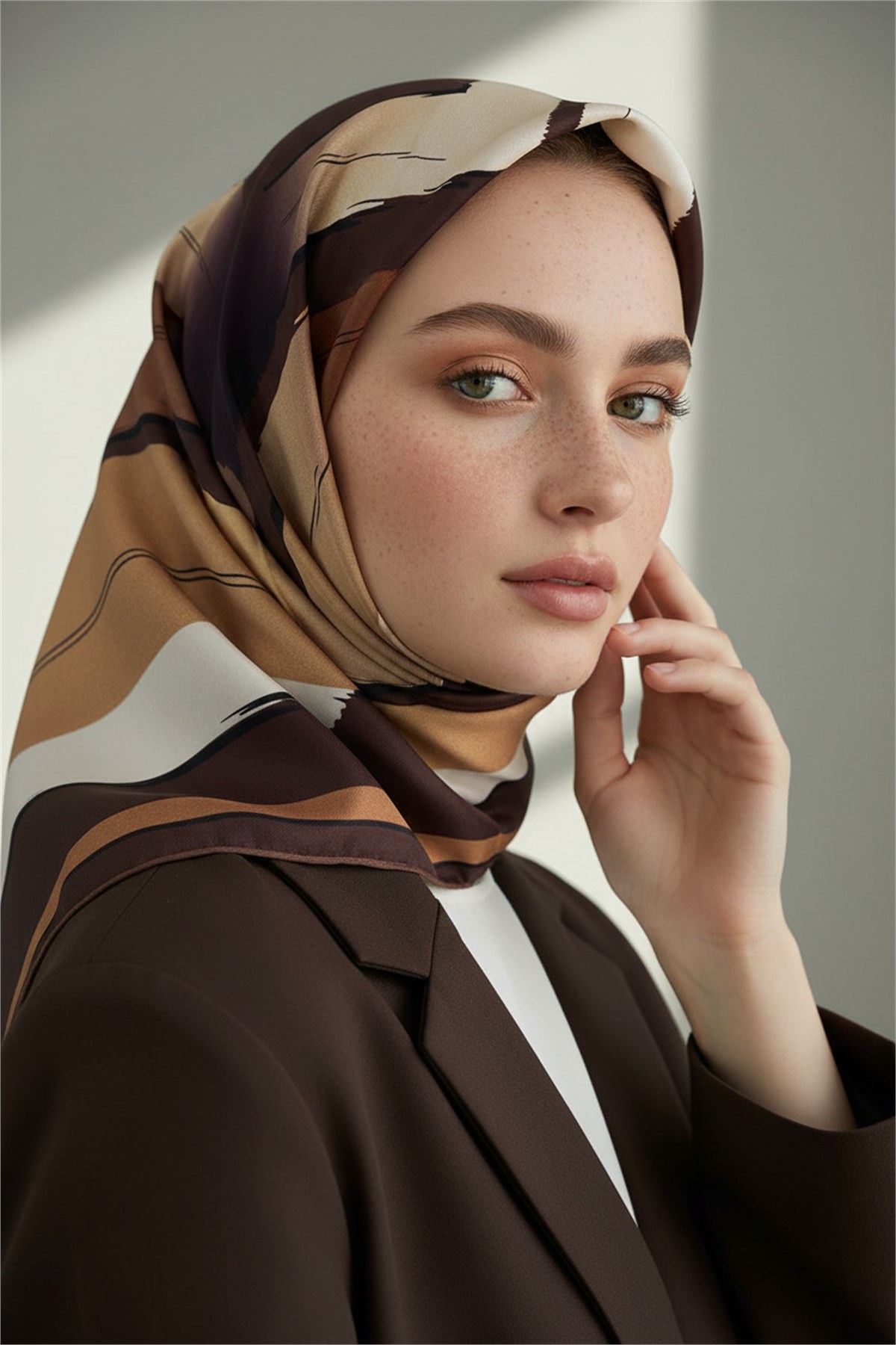 %100 Twill İpek Geometrik Fırça İzi Desenli Kahverengi - Bej Renkli 90x90 Eşarp Dikim Şekli : El Dikişi